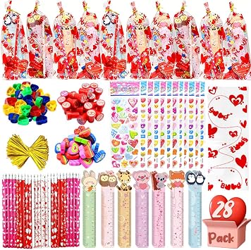 28 Pack Stationery Gift Set, Include Pencil Eraser Sharpener Ruler Stamper Foam Sticker Greeting Card for Kids School Classroom Prize
