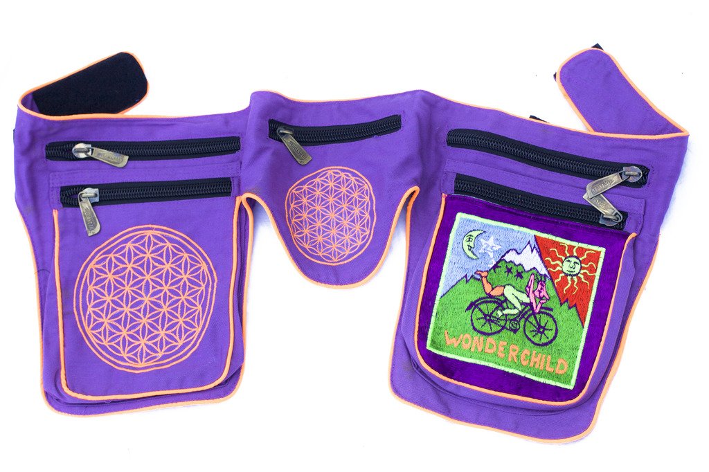 LSD Wunderkind Marsupio (fiore della vita, luce nera attiva, 6 tasche, di cui 4 con chiusura lampo di alta qualità) viola. Taglia unica