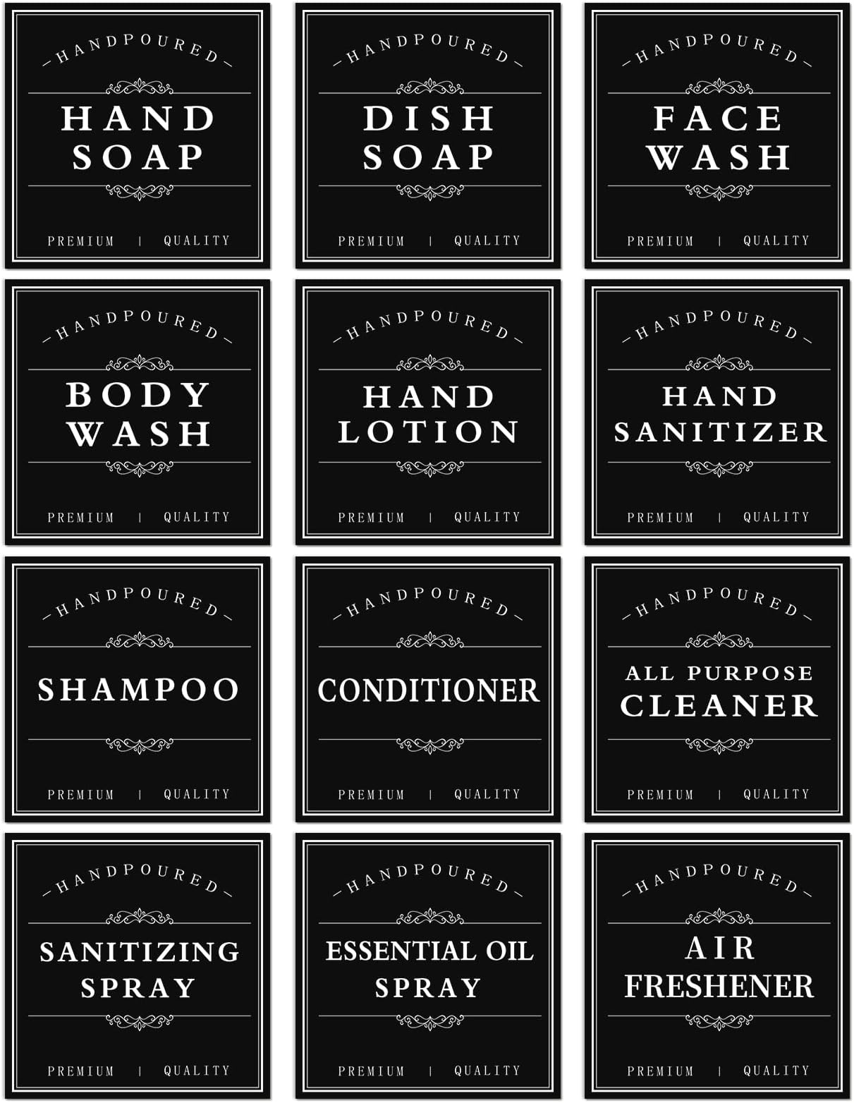 White Waterproof Soap Labels for Plastic/Glass Bottles, Bathroom/Kitchen Hand Soap Dispenser Label Stickers, Removable Cleaning Bottle Labels for Soap, Lotion, Shampoo Conditioner, 12Pack (Black)