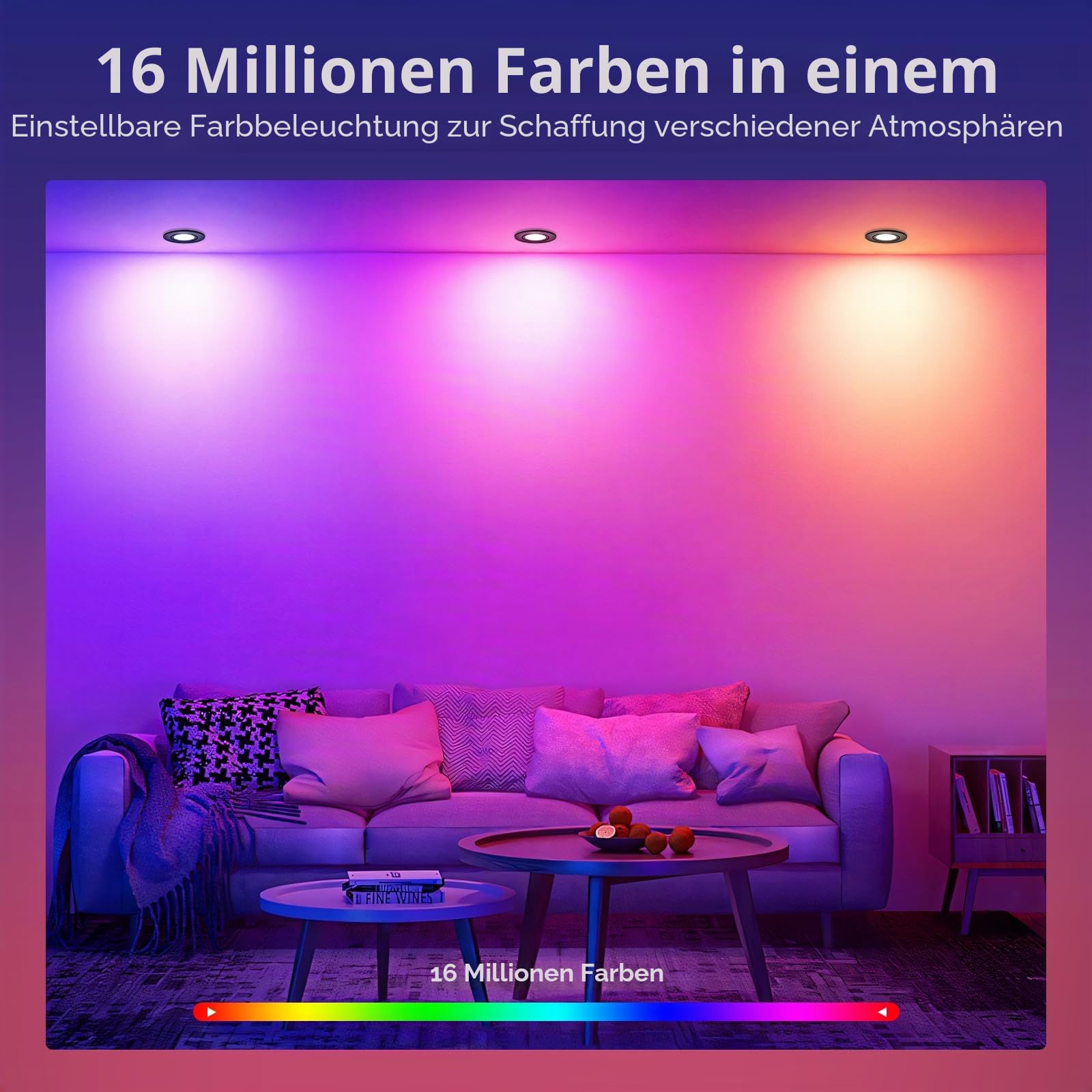GeyouLux LED Einbaustrahler RGB Dimmbar,Aluminium, mit Fernbedienung, 6 St | 68-75mm Lochmaß, IP44 Wasserdicht, 5W 230V, 120°+45° Schwenkbar, Rostfrei, für Deckenmontage, Wohnzimmer, Schwarz