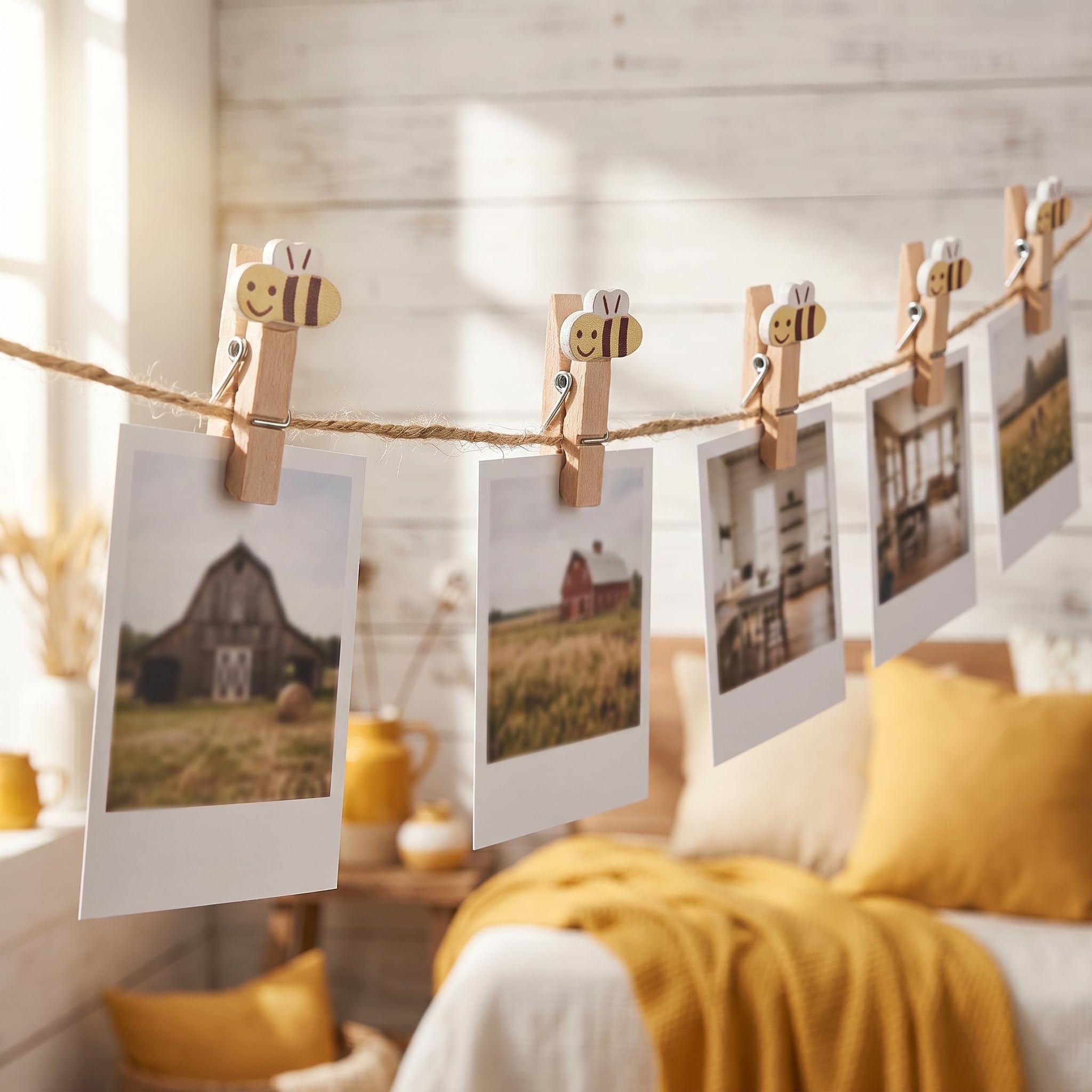 Veemoon Mini-Wäscheklammern aus Holz, Bienenklammern, Beige, Bastelklammern mit Seil, Foto-Display, Babyparty, Partyzubehör, 30 Stück