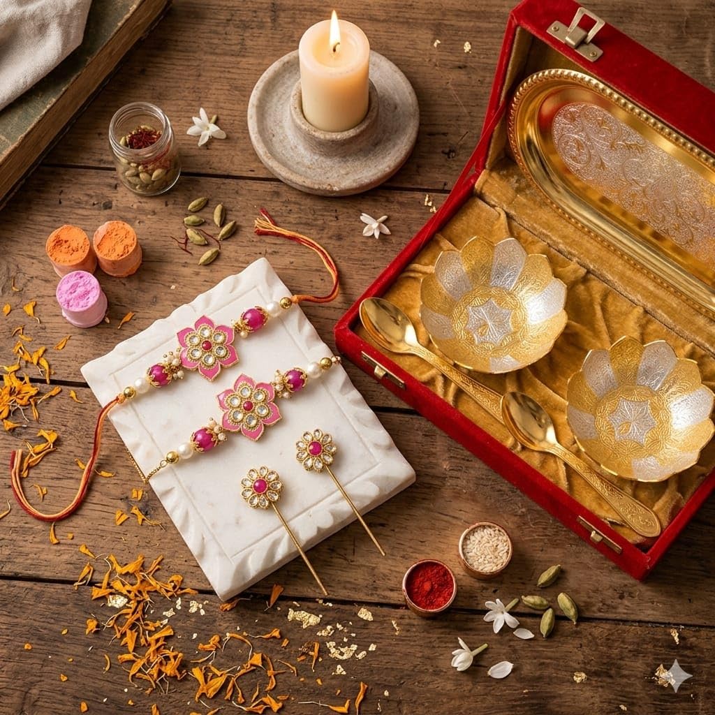 SAUDEEP INDIA German Silver Dry Fruit Serving Set with Velvet Box Includes Tray 2 Bowls 2 Spoons | Floral Engraved Gift Set for Wedding Return Gift Housewarming (Gold Bowl Set with Couple Rakhi)-image-43