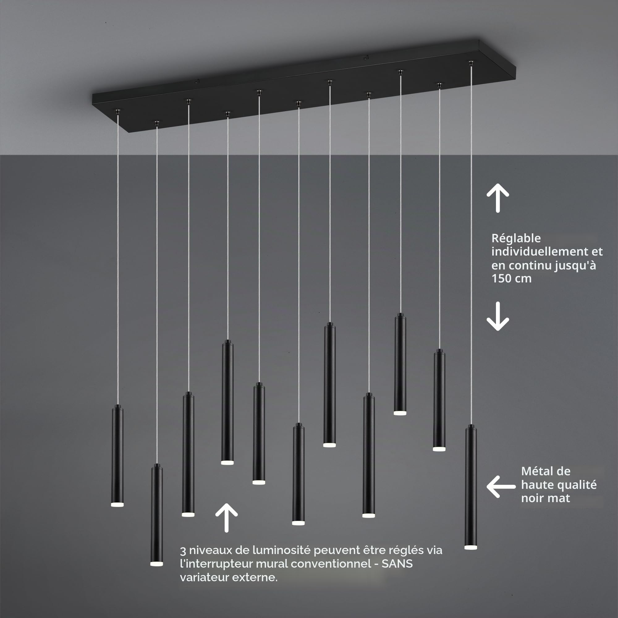 Trio, Suspension, Tubular incl. 11 x LED,SMD,2,8 Watt,3000K,350 Lm. Plastique, Blanc, Corps: Métal, noir mat L:115,0cm, L:15,0cm, H:150,0cm Réglable avec interrupteur,IP20,Réglable en hauteur