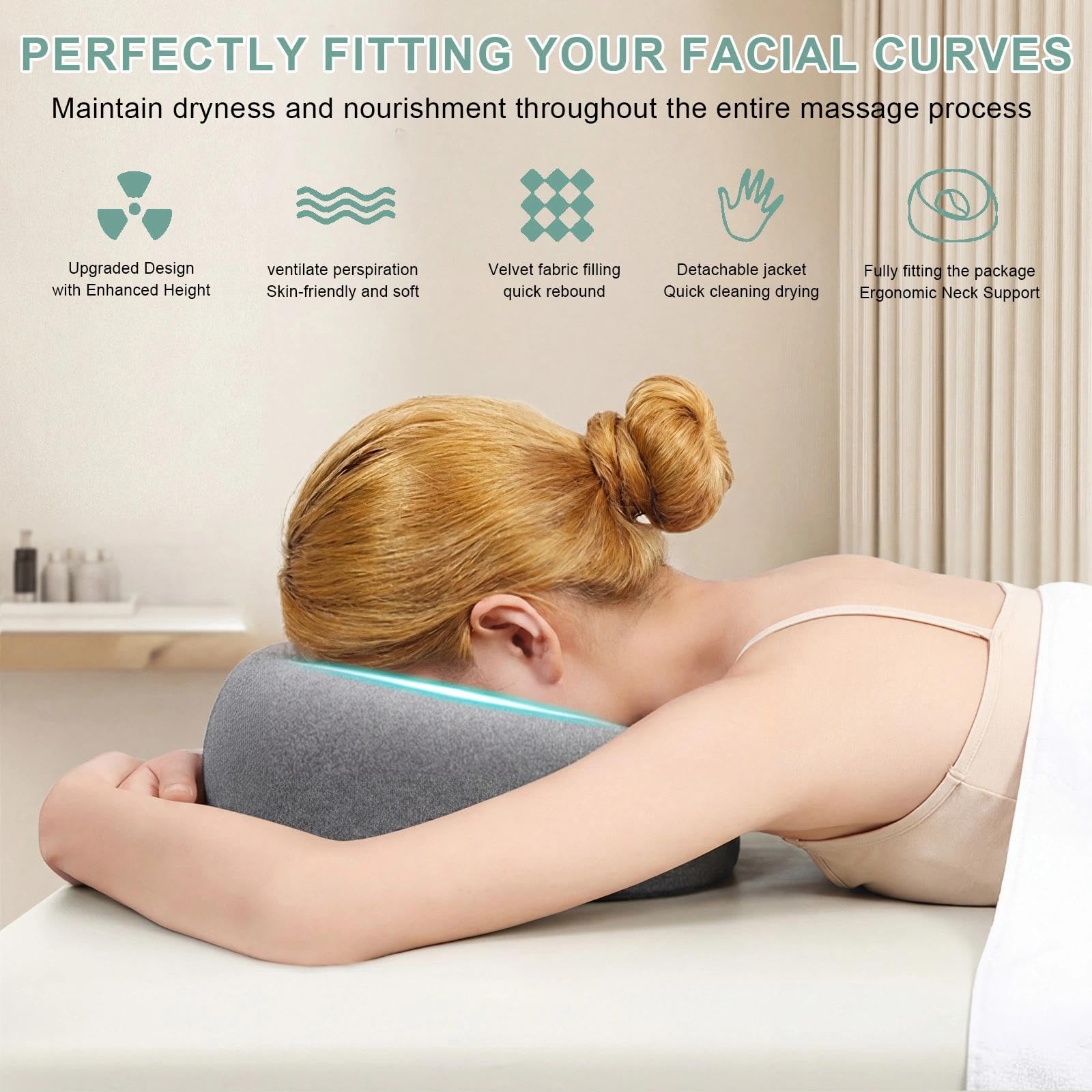 Almohada de Masaje Facial Boca Abajo con Agujero - Reposacabezas en Forma de U con Espuma Viscoelástica - Ideal para Camillas de Masaje, SPA, Salones de Belleza y Uso Doméstico（Gris）