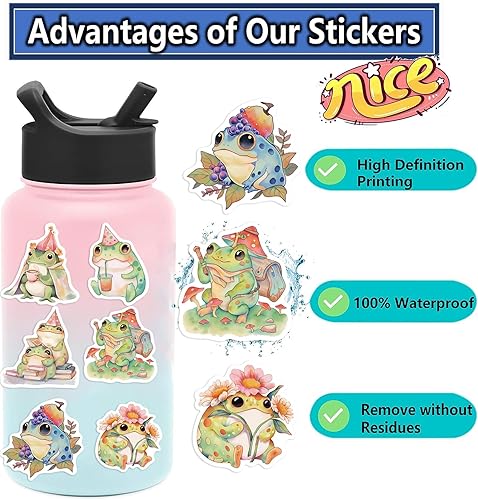 Miniatura 4 de Calcomanías de ranas lindas calcomanías de animales kawaii, 50 unidades para niños y adultos, calcomanías de dibujos animados para botellas de agua,