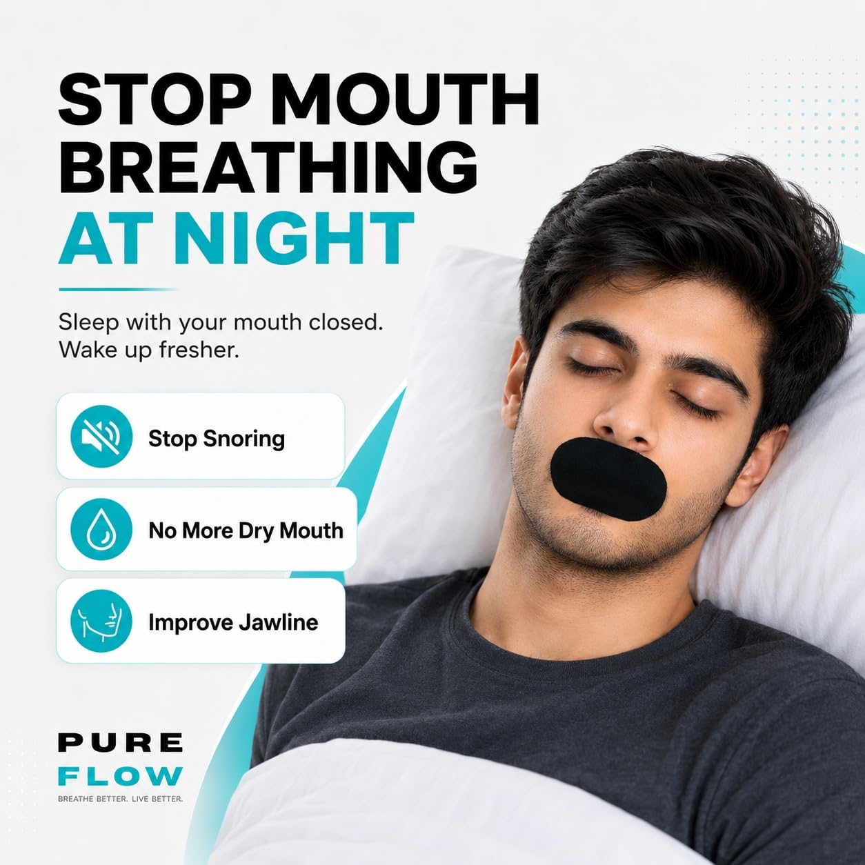 PureFlow Mouth Tape for Better Sleep – Hypoallergenic, Skin-Safe, Comfortable – Reduces Snoring & Mouth Breathing | CDSCO Approved | 10 Tapes — Amazon image 2