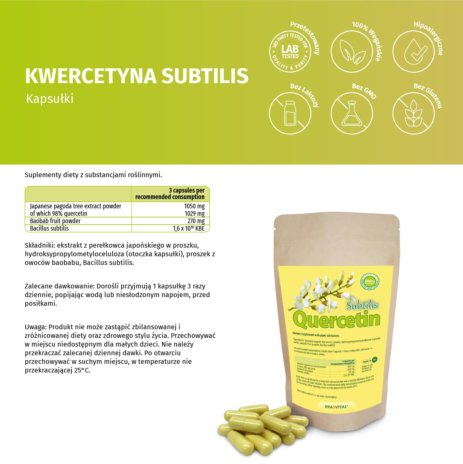Quercetin Subtilis 270 Kapseln mit wichtigen Begleitern - Baobab-Fruchtpulver und Bacillus Subtilis. Vegan (270 stück (1er Pack))