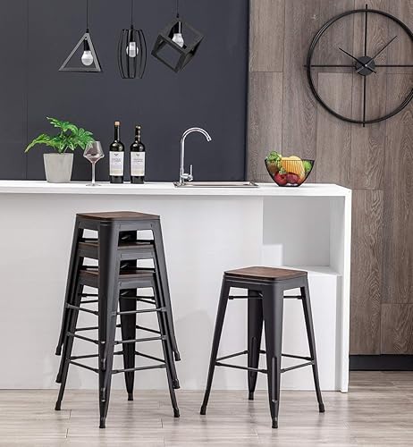 Miniatura 50 de [Juego de 4] Taburete metálico apilable industrial moderno para interior/exterior 17 pulgadas, Metal Plata sin espalda con madera,Sin espalda negro