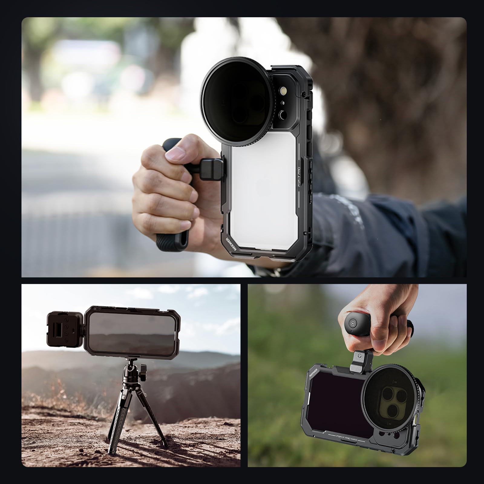 NEEWER Kit Jaula Movil Compatible con iPhone 17 Pro, Accesorio Estabilizador para Vídeo con 67mm Anillo Filtro, 17mm & T Mount Placa Trasera Objetivo, Asa Bluetooth Liberación Rápida, PA143 (Negro)