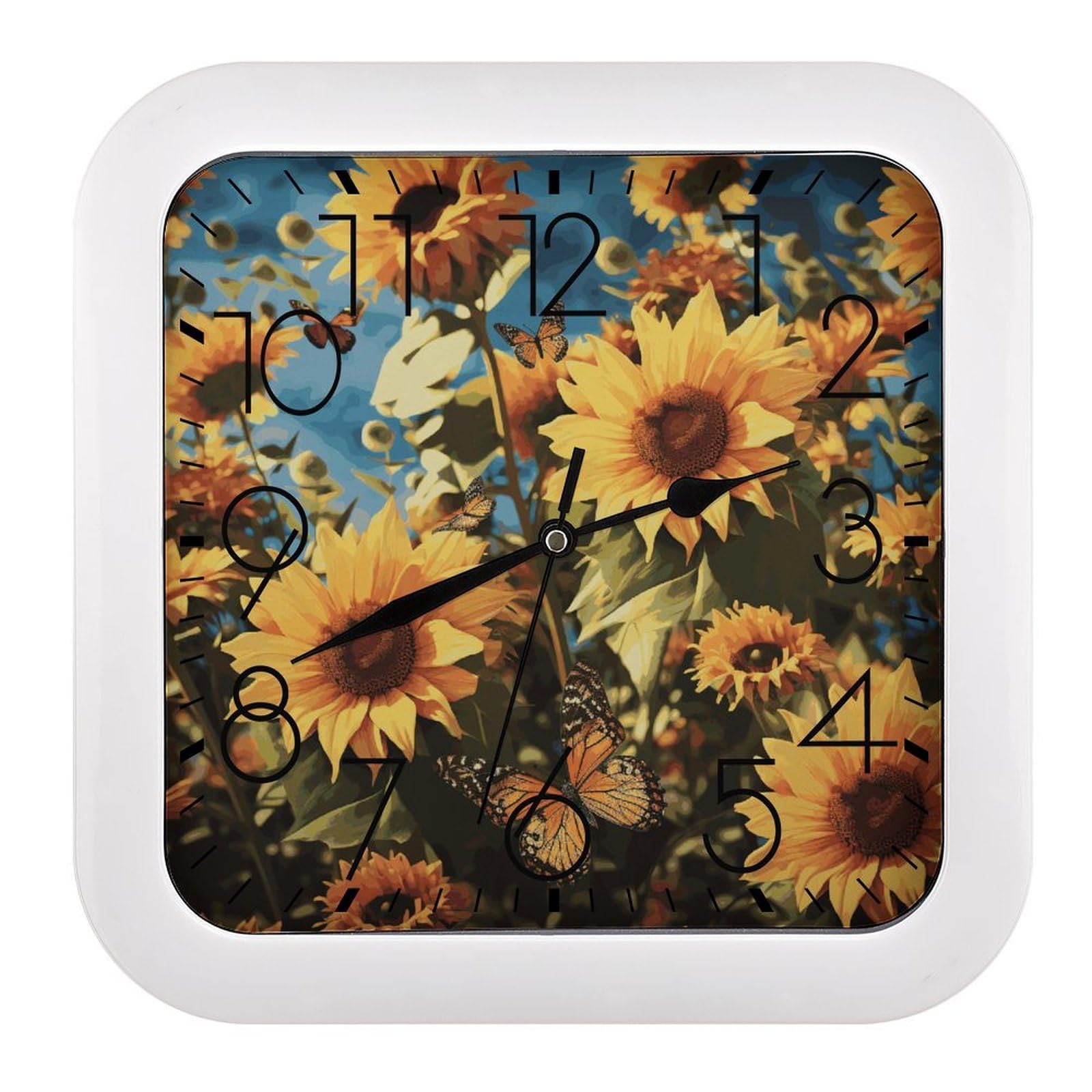 FekiLoot Sunflowers and Butterflies Wall Clock 10.2" Modern Farmhouse Square Clocks Silent No Ticking, Wall Art and Timepiece Clock for Shelf Table Mantel Or Bedside Clocks