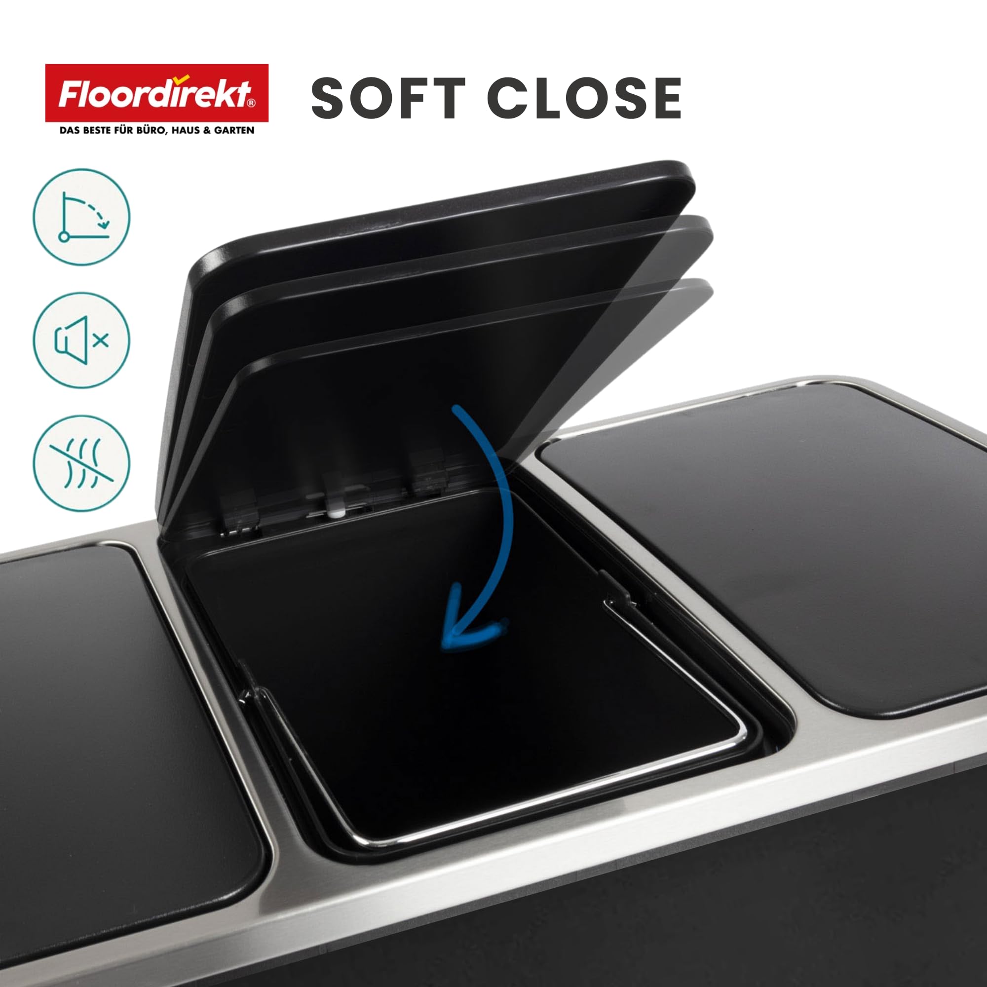 Floordirekt Mülleimer Küche 3×18L Schwarz | 3-Fach Mülltrennung, Treteimer Küche, Metall, Soft-Close, luftdicht, Kunststoff-Inneneimer, Klappdeckel – (Felix)