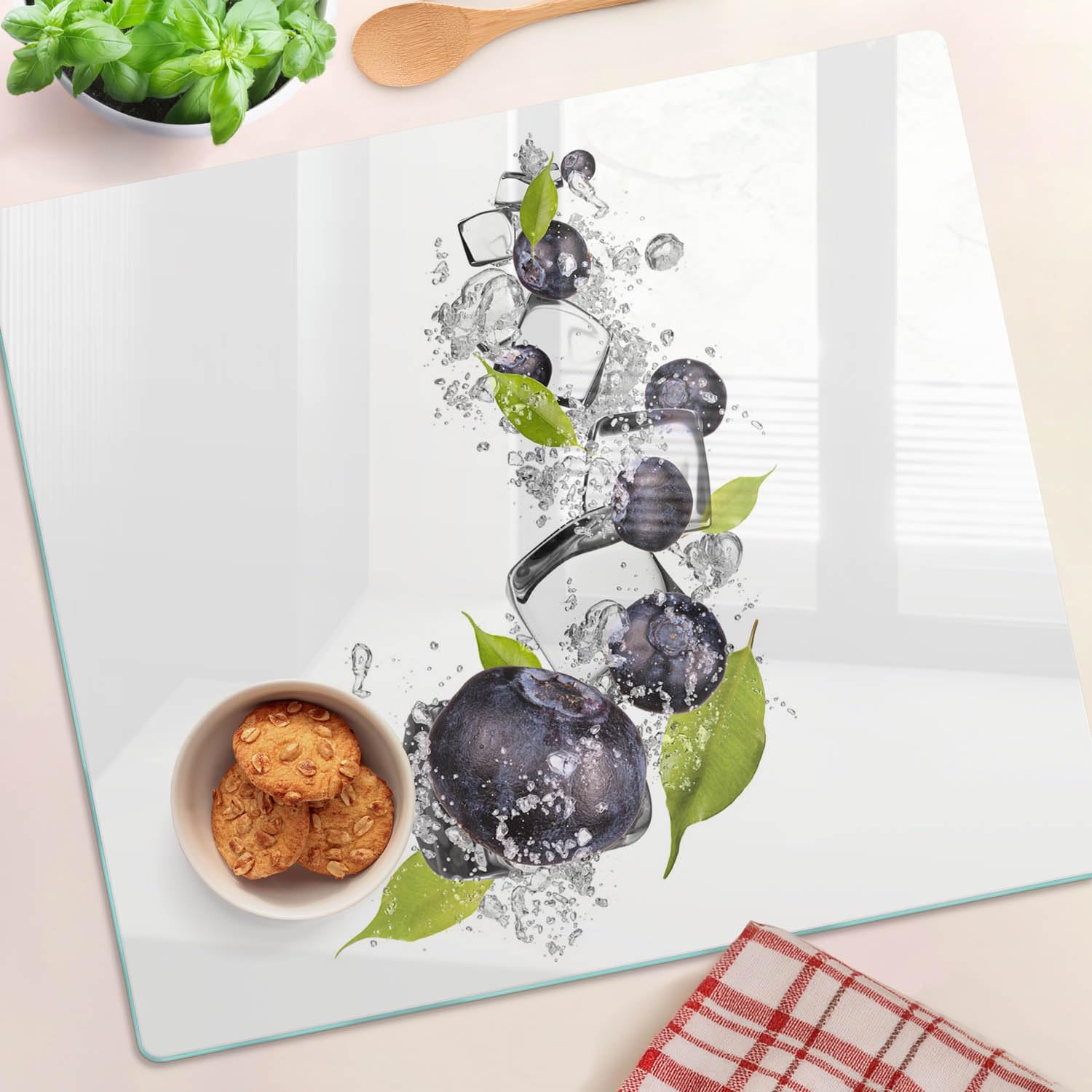 Tagliere in Vetro 60x52 cm Facile da Pulire Rettangolare con Stampe da Cucina Antigraffio Durevole e Igienico con Piedini Antiscivolo Resistente al Calore - Mirtilli con gelato