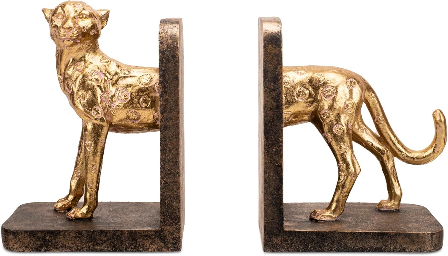 GCA International Decorative Bookend Book Holder 3.25 x 9.75 Inch Resin Gold Leopard Set of 2