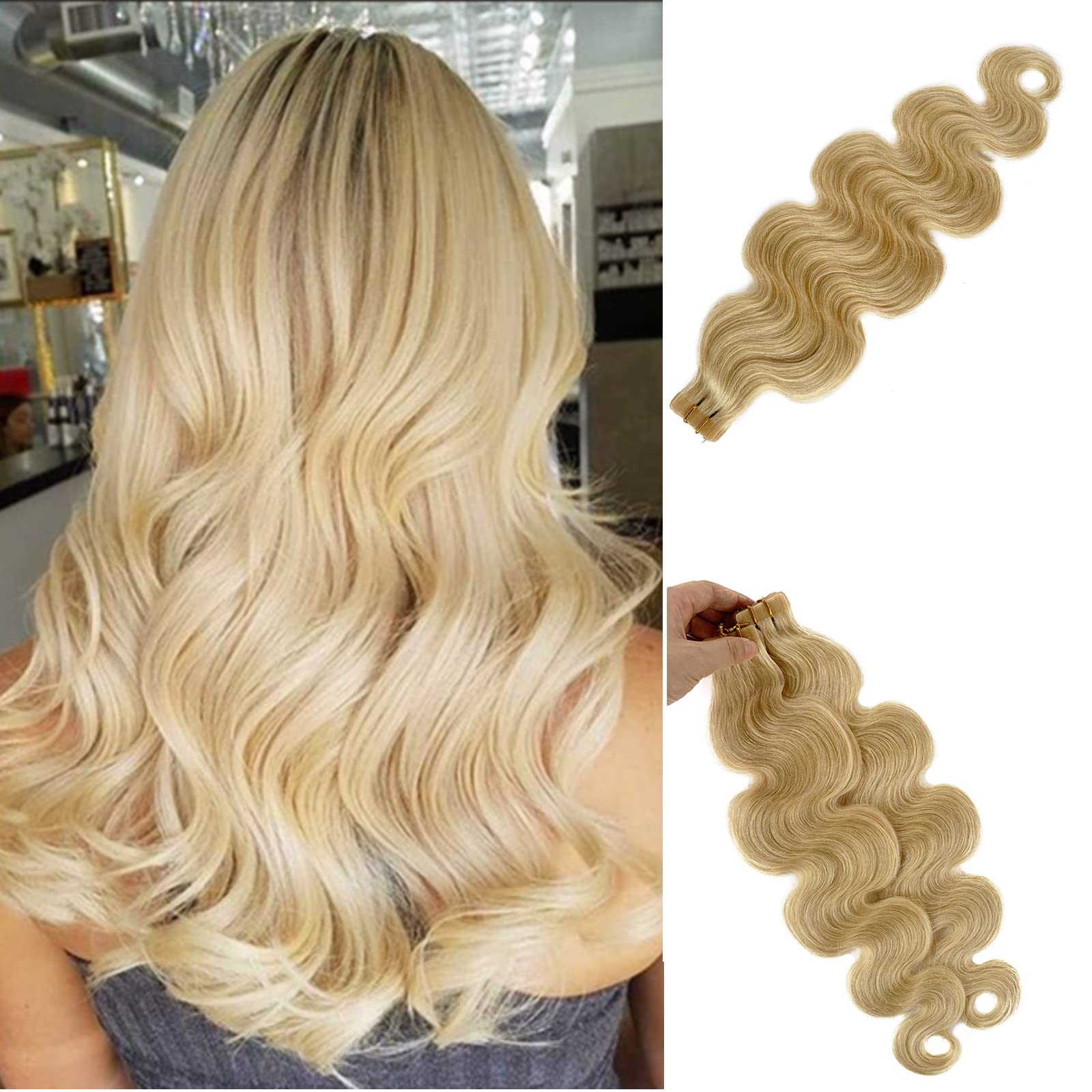 16" Tape in Hair Extensions Remy Hair Platinum Blonde 20pcs/30grams Seamless SKin Weft Tape ins Blond Human Hair Extensions for Women, 613