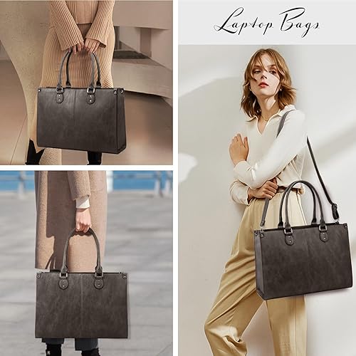 Miniatura 2 de LOVEVOOK Bolsa Tote para Laptop para Mujeres, 15.6 Pulgadas de Gran Capacidad Bolsa de Trabajo de Computadora de Cuero Vintage, Bolso de Hombro
