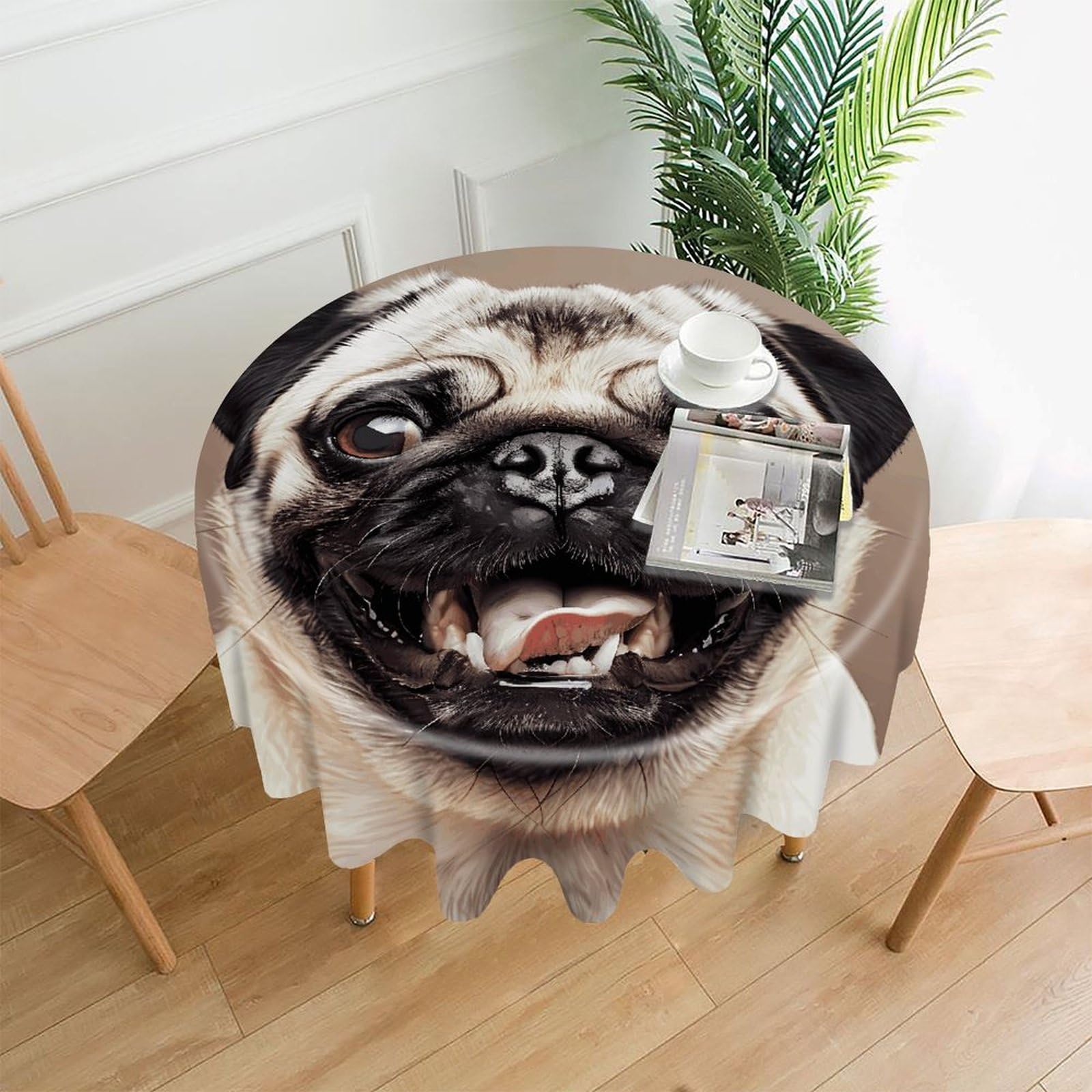 MUSM 60 Inch Funny Happy Pug Dog Round Tablecloth Wipeable Washable Table Cover for Kitchen and Dining Room Decorative Table Cloth for Party Holiday Picnic Outdoor