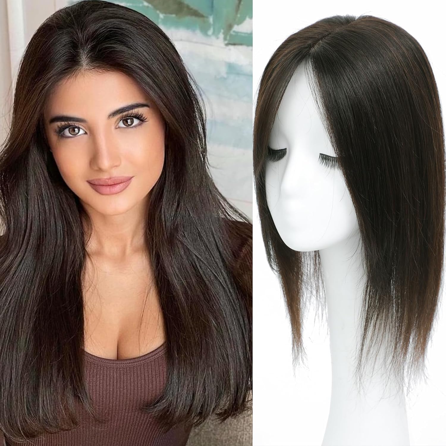 Photo 1 of RMYHIG Hair Toppers for Women Real Human Hair, 360° 3D Human with Thinning Upgrade Middle Part Clip in Bangs Topper Hair Pieces for Women Daily(Medium Dark Brown, 16 Inch-3D-Side)
