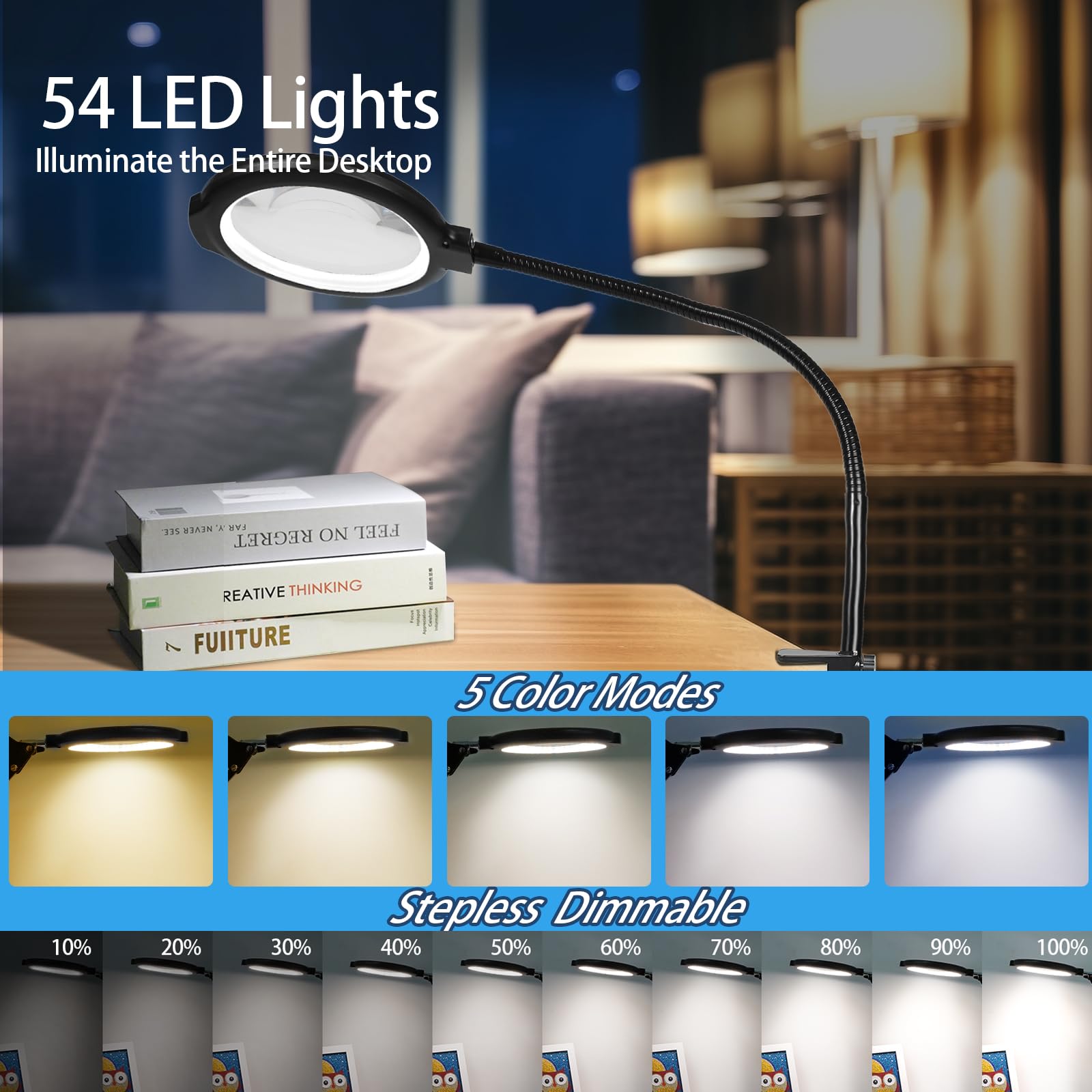 GABORISH 10 lupas de pie con luz y soporte, 3 en 1 con 54 LED, cuello de cisne flexible con abrazadera, 5 modos de color, intensidad regulable, lupa de lectura con luz para personas mayores, grande