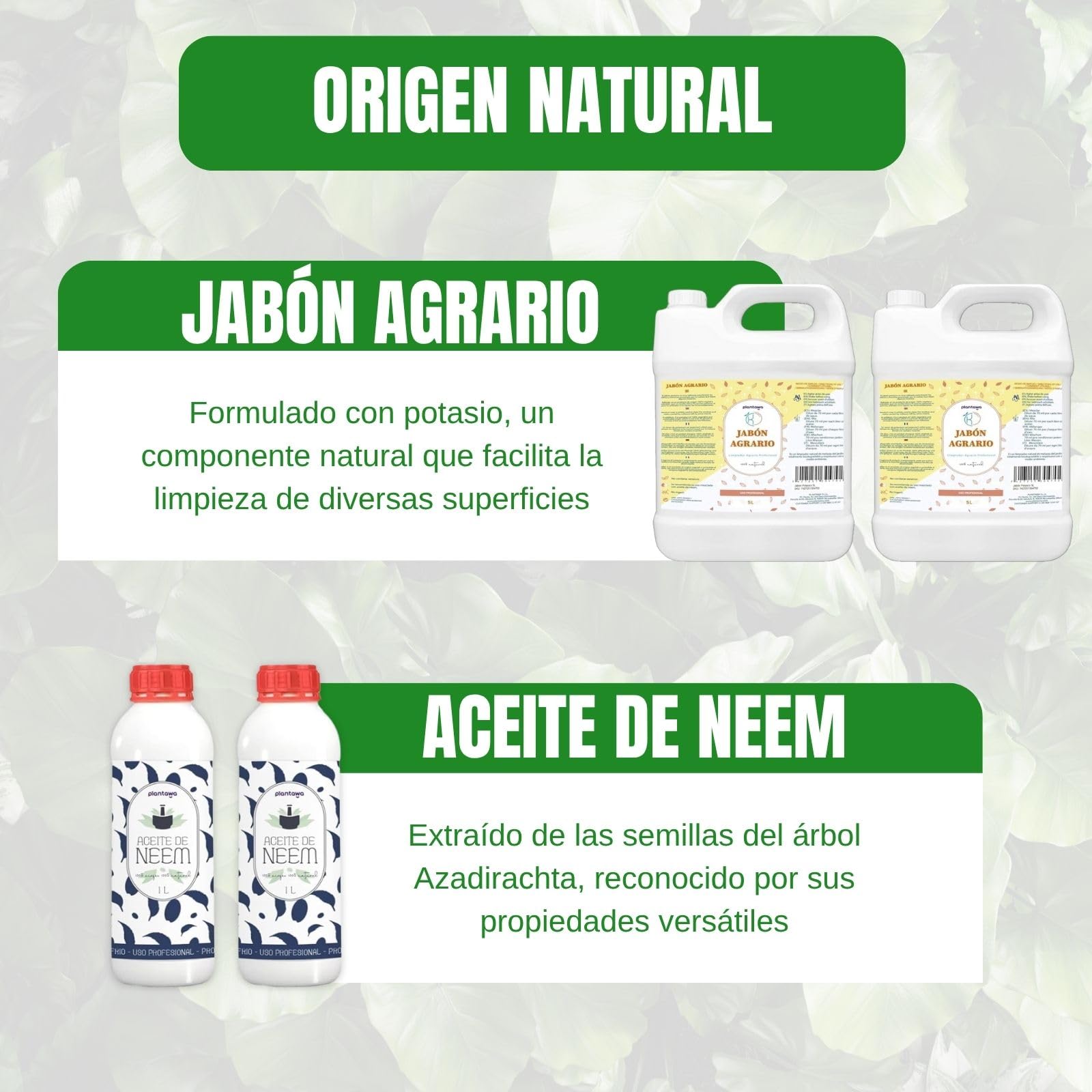 PLANTAWA Pack Jabón Potásico 2x5L + Aceite de Neem 2x1L | Solución Multiusos | Fácil Aplicación y Máxima Eficacia | Versátil | Uso en Interior y Exterior | Productos de origen natural