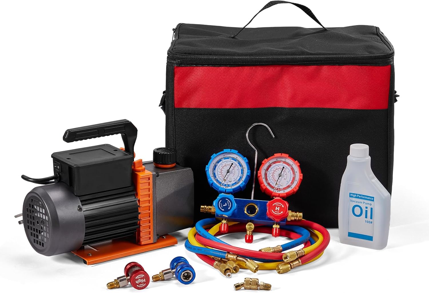 AC Vacuum Pump and Gauge Set, 1/4HP 3.6 CFM Vacuum Pump Manifold Gauge with 3 Hoses Adapter for R134a R12 R22 R410a R502 A/C Vacuum Pump Kit Auto HVAC Systems Air Conditioning Refrigeration Recharging