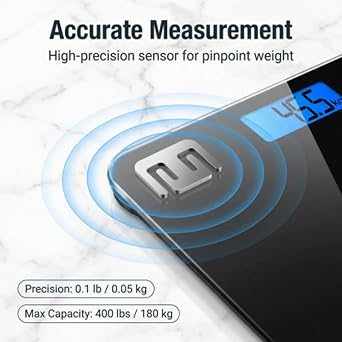 HomeFashion HFitness Large 28×28cm Bathroom Scales for Body Weight, Digital Weighing Scales, 180kg High Precision Weight Scale with Backlit Display Black