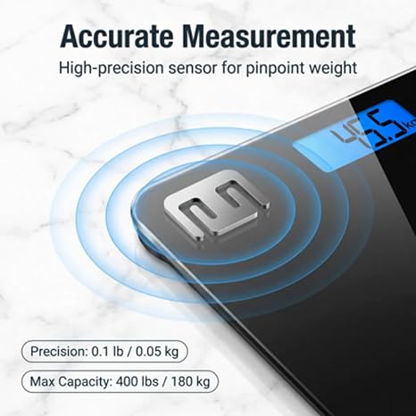 HomeFashion HFitness Large 28×28cm Bathroom Scales for Body Weight, Digital Weighing Scales, 180kg High Precision Weight Scale with Backlit Display Black