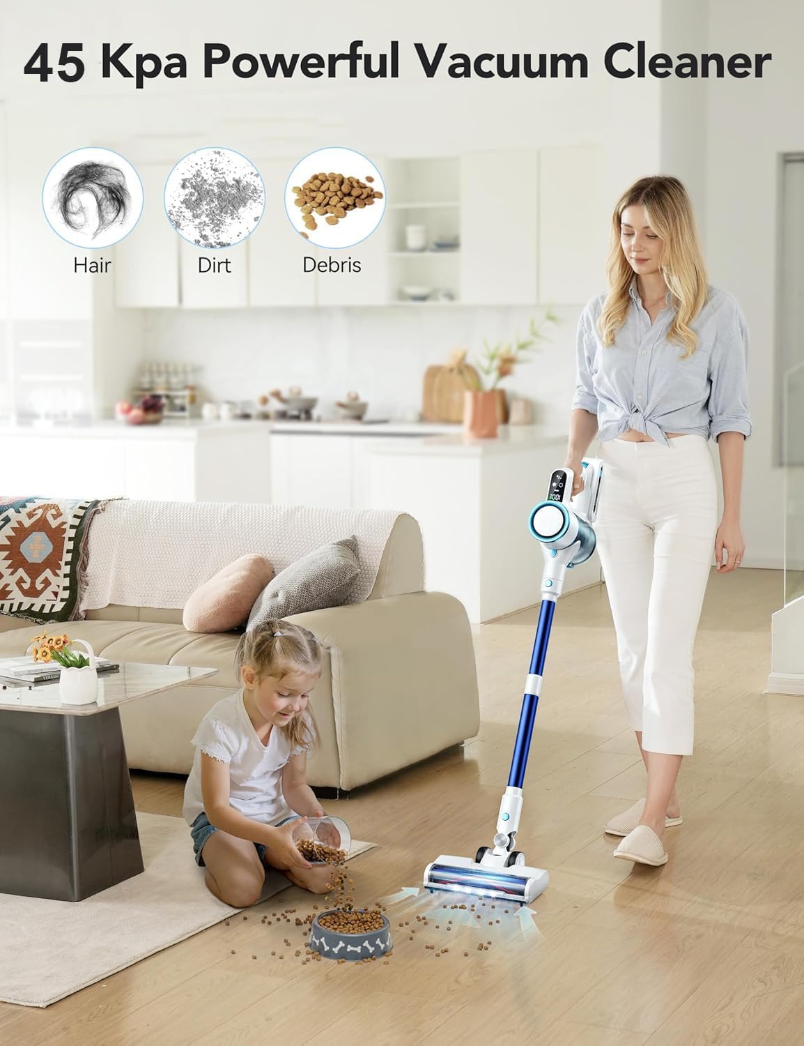 Vacuum Cleaner,450W Powerful Suction, 50-Min Long Runtime, Anti-Tangle Brush, Smart LED Display, Lightweight Cordless Stick Vacuum Cleaner for Pet Hair, Hard Floors, Carpet & Home