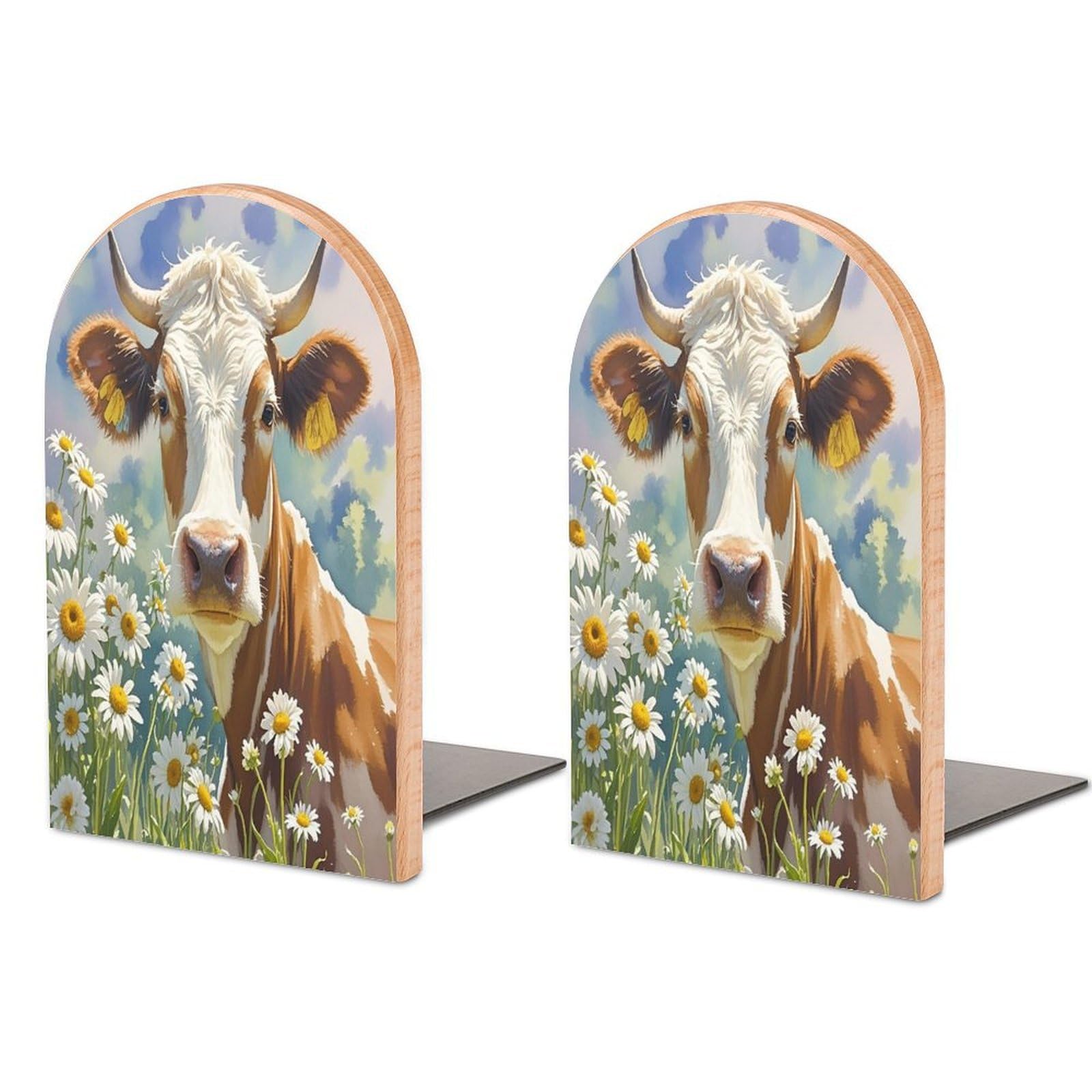 Watercolor Cow and Daisy Flower Bookend for Shelves Unique Book End Sturdy Books Holder Heavy Duty Wooden Bookends Support Non-Slip Book Organizers Decorative Modern Bookend Holder for Home