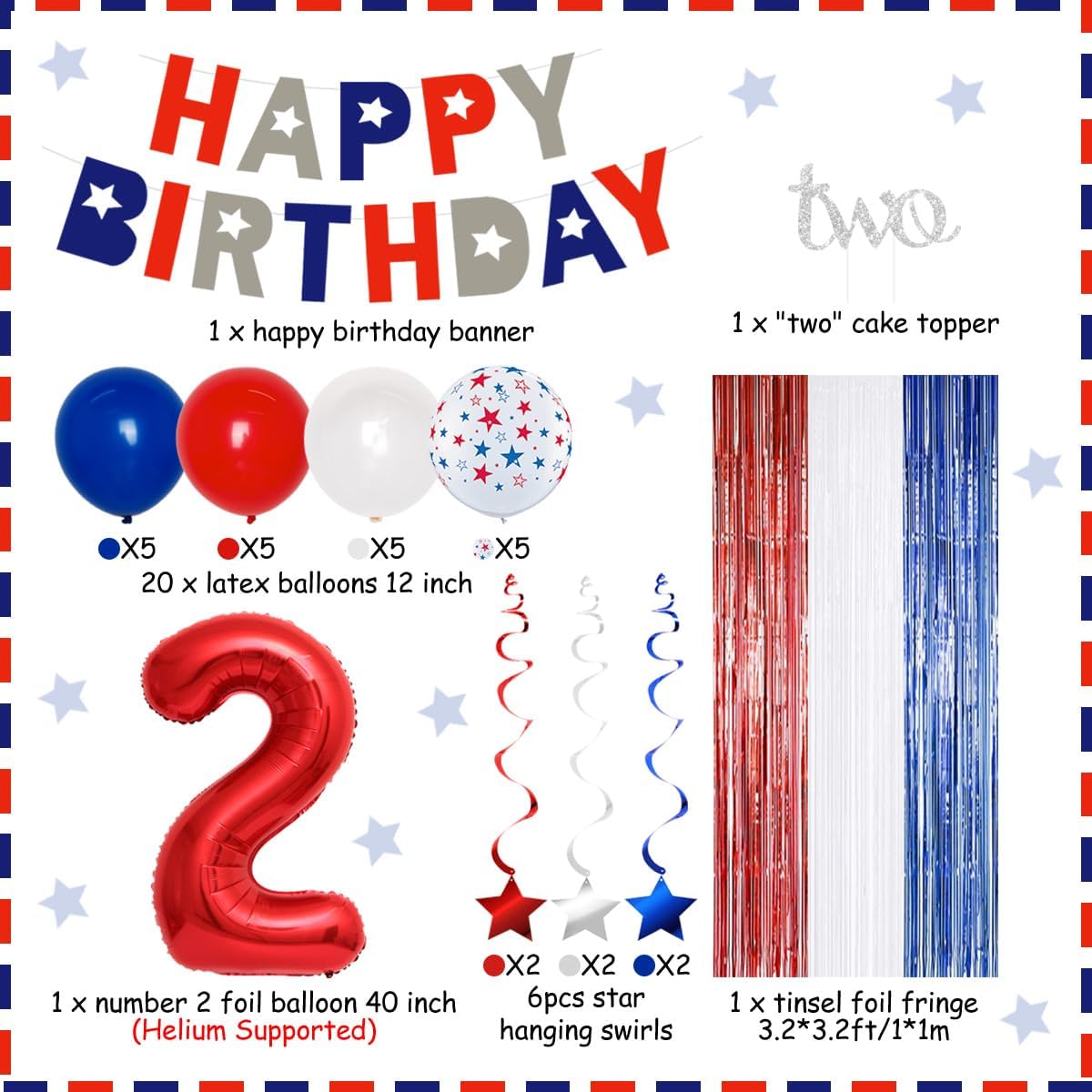 Patriotic Party Decorations Red White and Blue 2nd Birthday Party Supplies American Flag Happy Birthday Banner, Tinsel Curtain, Silver Cake topper Number 2 Foil Balloon
