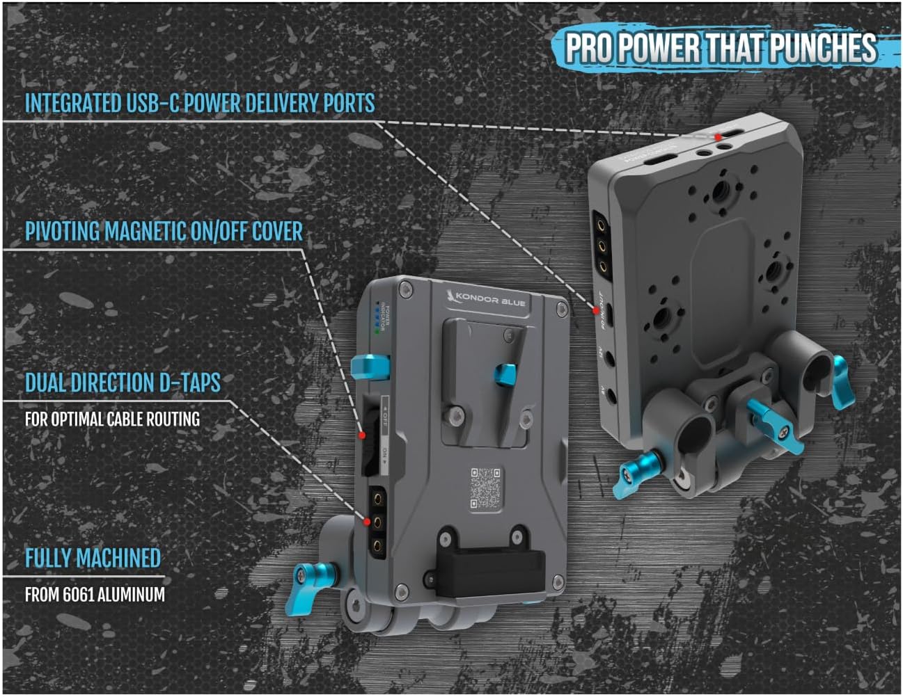 KONDOR BLUE | Pro V-Mount Battery Plate with Swivel 15mm Rod Clamp | USB-C PD in/Out, D-Tap Power Ports, Magnetic Expansion Contacts, ARRI Anti-Twist Mounts | Raven Black image 2