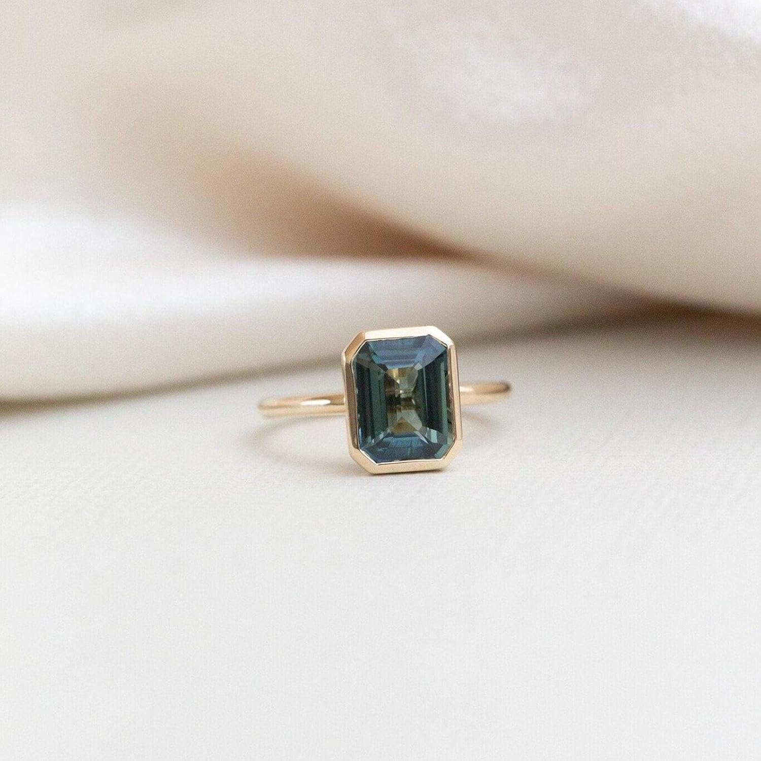 14K Yellow Gold Emerald Cut Teal Sapphire Engagement Ring - Bezel Set Lab-Created Gemstone Bridal Ring, Handmade Vintage-Inspired Promise Ring Gift for Her
