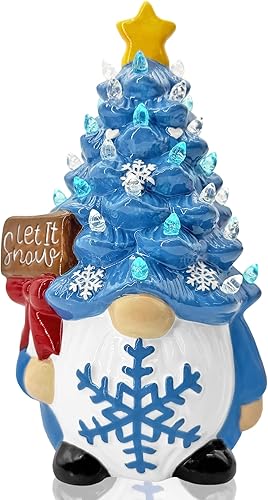 Decoración de gnomos de muñeco de nieve de Navidad para el hogar, árbol de gnomo de cerámica iluminado, decoración del hogar de nieve azul de