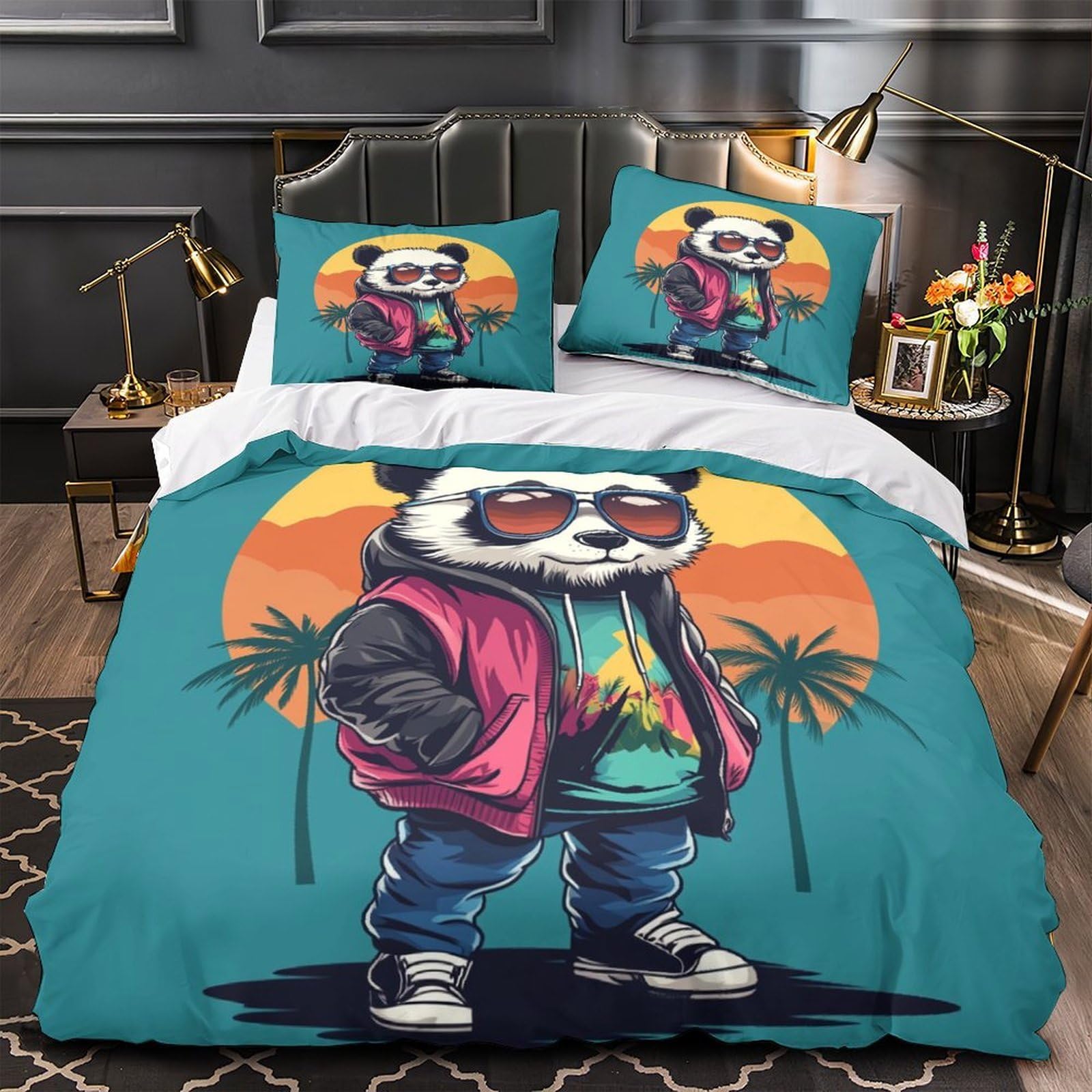 Housse de couette anti-décoloration panda avec fermeture éclair pour chambre adulte