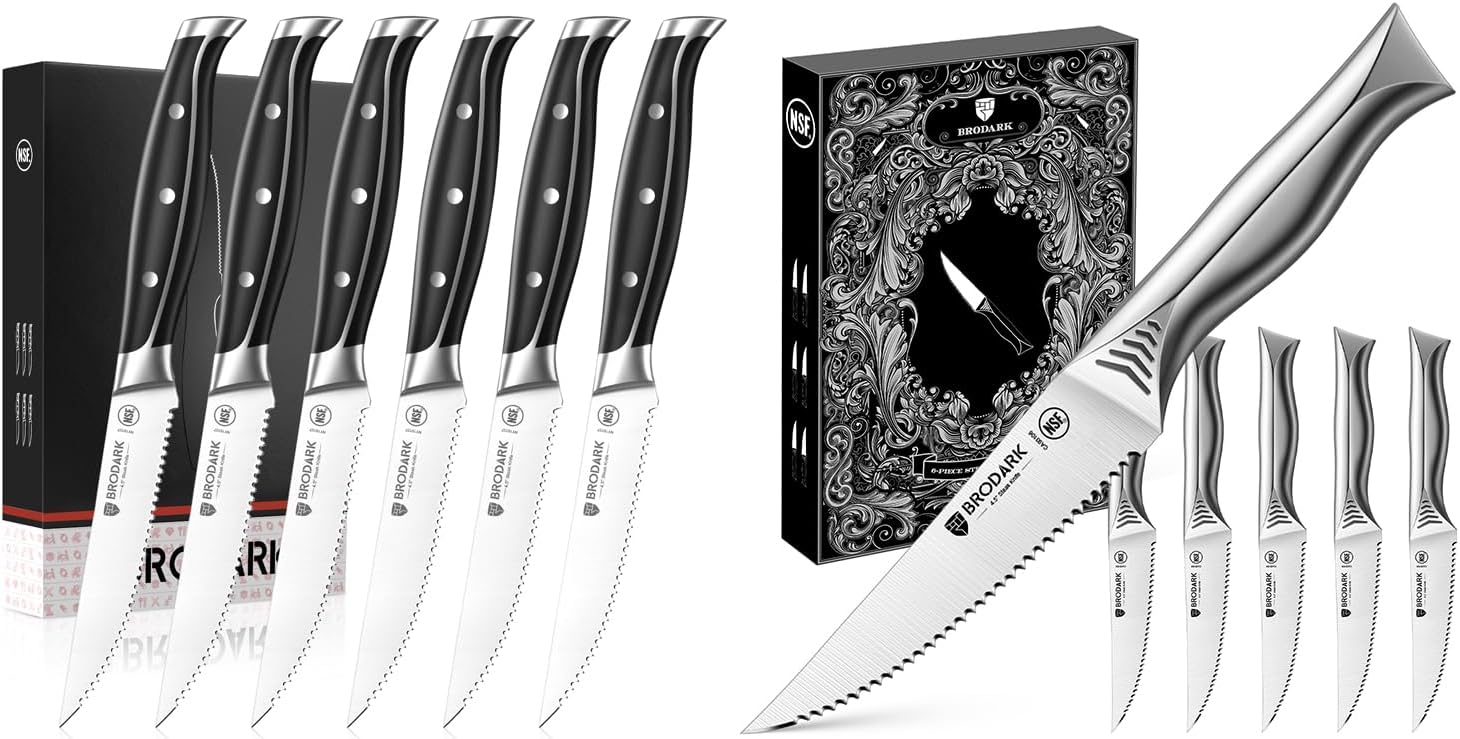 BRODARK Steak Knives Set of 6 + Steak Knives Set of 6 (Steel-King Series + Shark Series)
