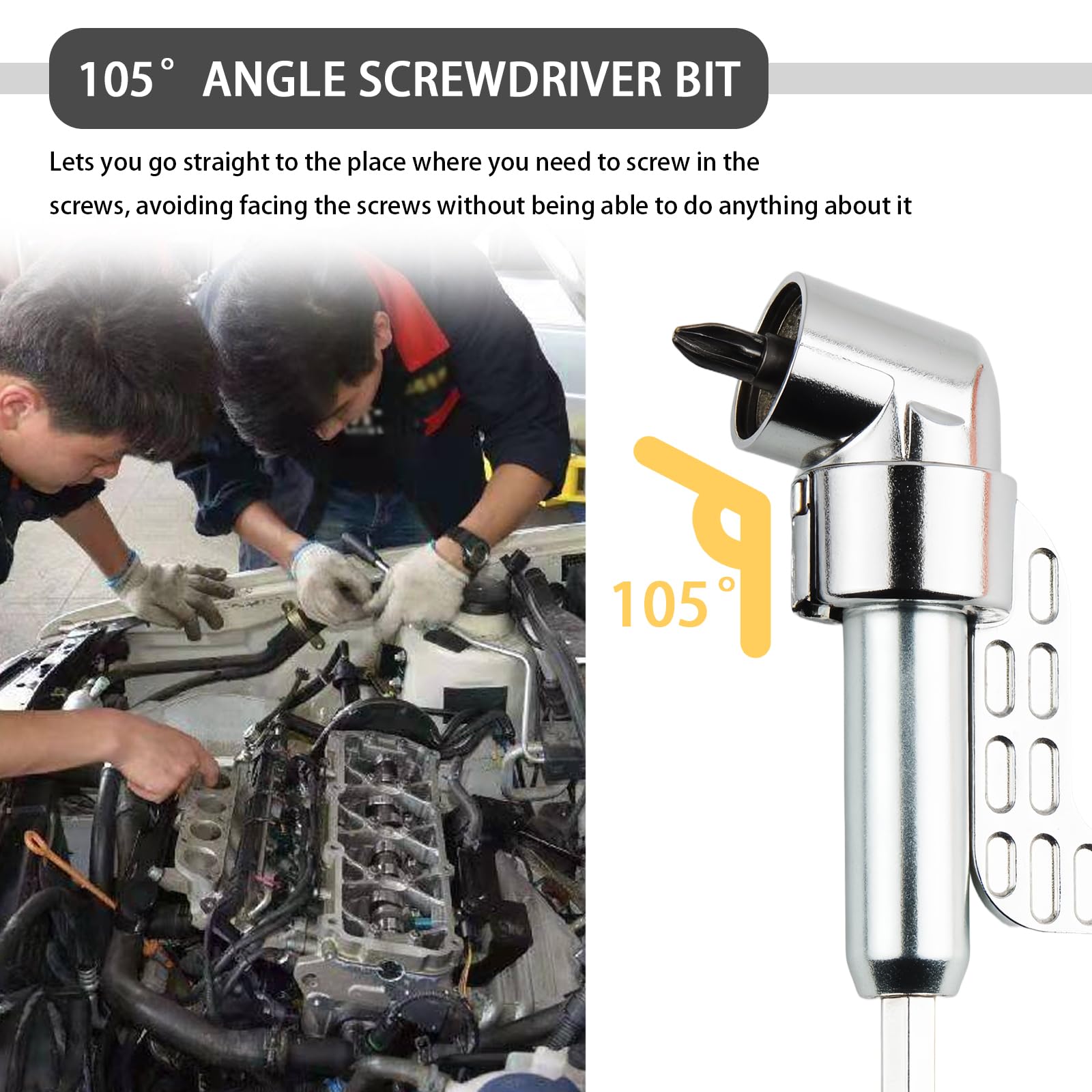 2PCS 105° Right Angle Drill Attachment with 10PCS 25mm Screwdriver Bit,Hex Magnetic 90 Degree Drill Attachment for Tight Spaces Repairs,Universal Right Angle Drills Adapter — Amazon image 6