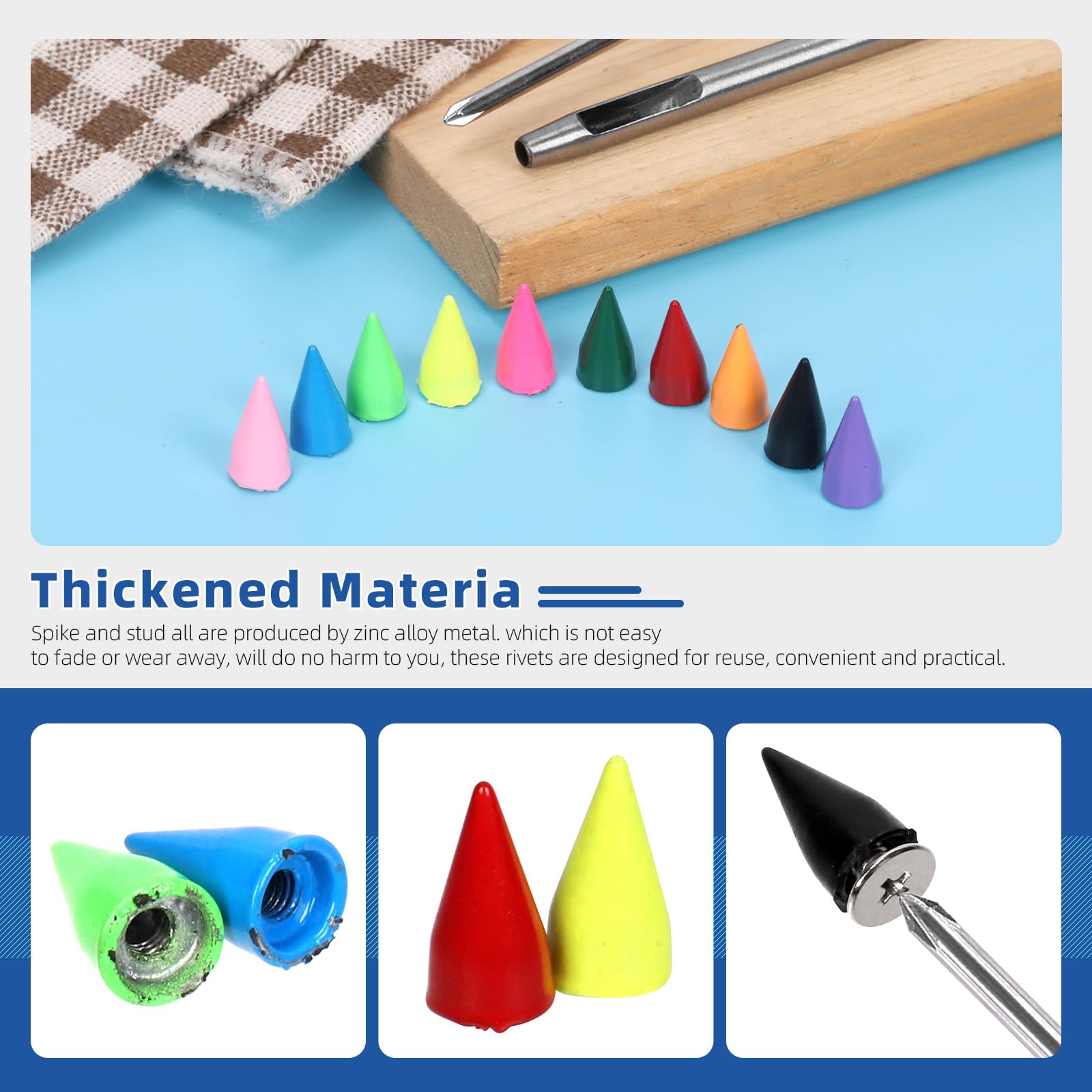 Glarks 150 Sets Colorful Cone Spikes Studs Kit, 14mm Punk Bullet Cone Studs and Spikes - Image 4
