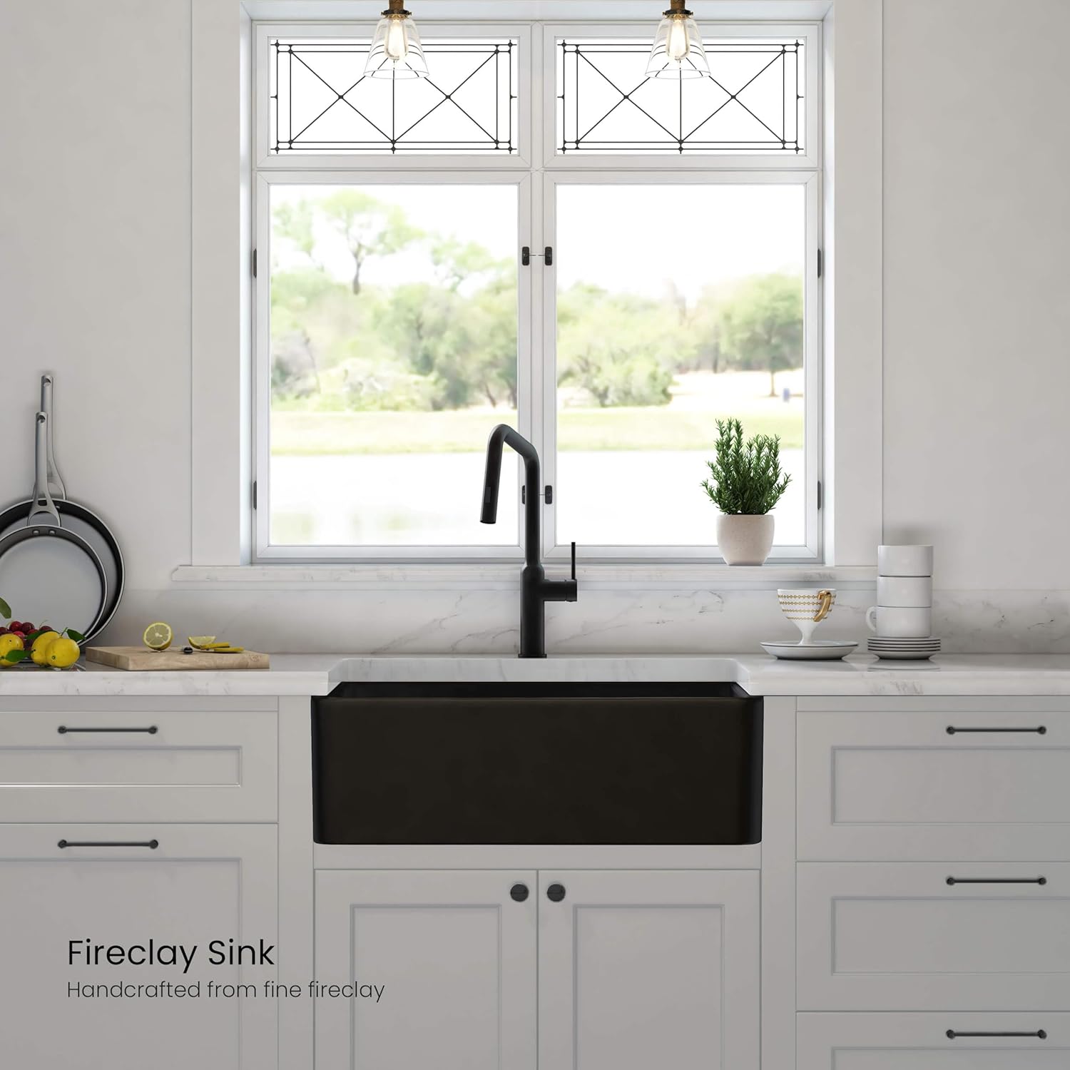 KIBI Pure Single Bowl 30 inch Fireclay Farmhouse Kitchen Sink Apron Front with Bottom Grid and Strainer | Heat Safe Glazing Sink (Matte Black, K2-SF30MB)