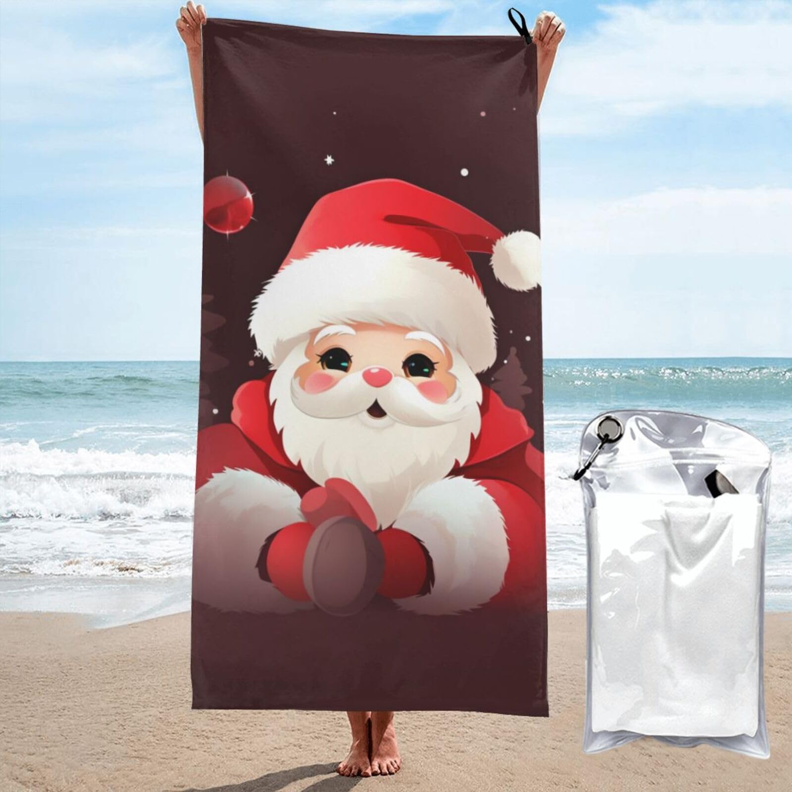 BWWHCCTI Cute Santa Claus Printed Microfiber Quick Dry Beach Towel 70x140 CM, Fast Drying Bath Towels with Bags for Travel,Camping,Gym,Beach,Swimming,Yoga