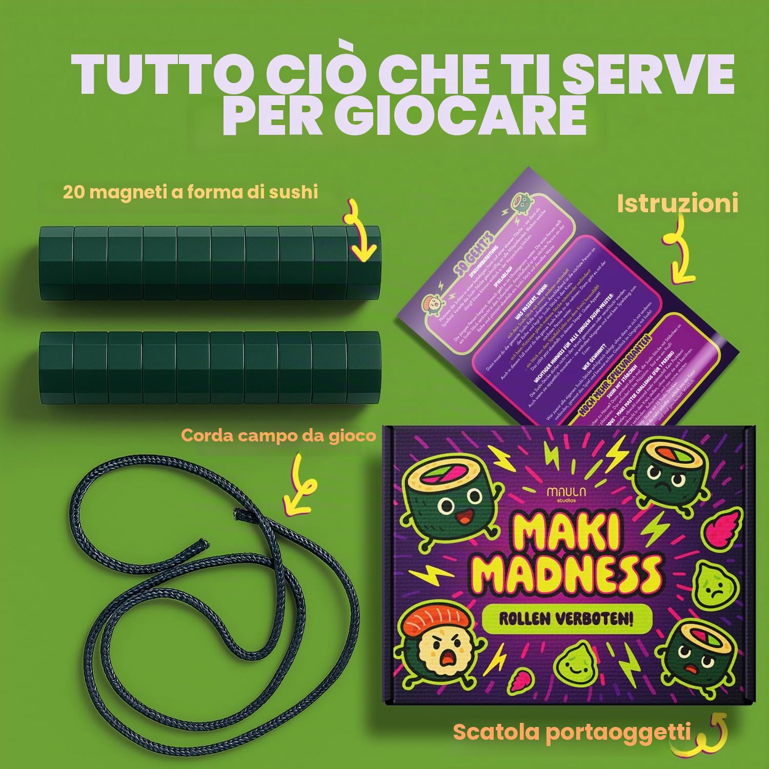 Maki Madness Gioco Magnetico – Gioco di Abilità Famiglia da 6 Anni | 20 magneti sushi, corda e scatola – gioco da viaggio, di società e regalo di compleanno, Natale – per 1-4 giocatori da 6 anni
