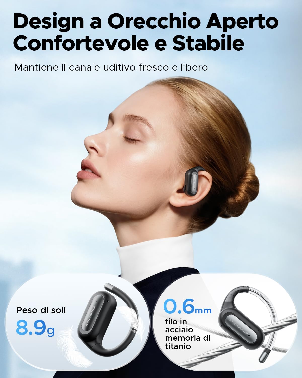 truefree EarFit DS1 Cuffie Bluetooth 6.0, Wireless Auricolari Sport con Cordino, 40 Ore di Riproduzione, 4 HD Mics, IPX5 Impermeabili, Controllo Tattile, per Corsa/Fitness/Palestra, Nero