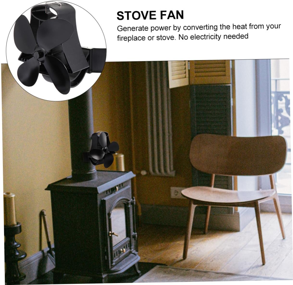 VICASKY Heat Powered Fireplace Stove Fan with 4 Blades, Black Thermal Power Fan for Wood Stove, Eco-friendly High Temperature Magnetic Drive for Home Heating