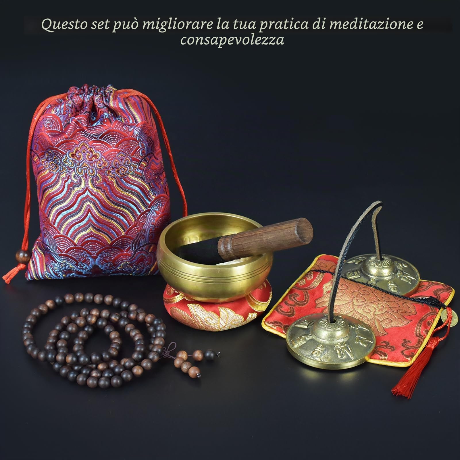 Artcome Set da meditazione tibetano 7 pezzi – campana tibetana tibetana e campanelle tibetane Tingsha fatte a mano in Nepal per meditazione, yoga, tranquillità, relax