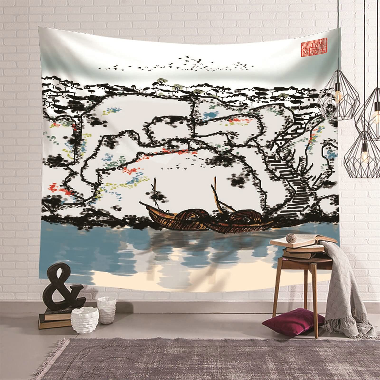 Tapiz decorativo de pared abstracto para salones modernos, río y barcos KnSam