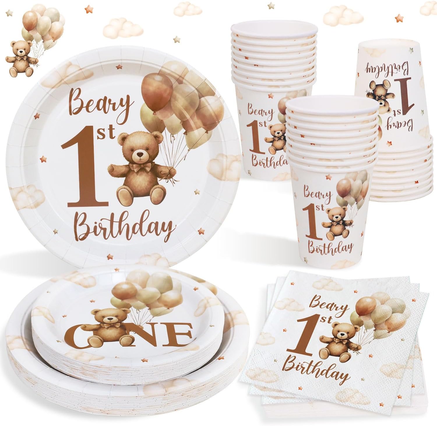 – Beary First Birthday Decorations Boy Bear 1st Plates for 25 Guests, 1st Birthday Decorations for Boys 100Pcs Teddy Bear Beige Balloon Party Plates Cups and Napkins Baby One Party Decor