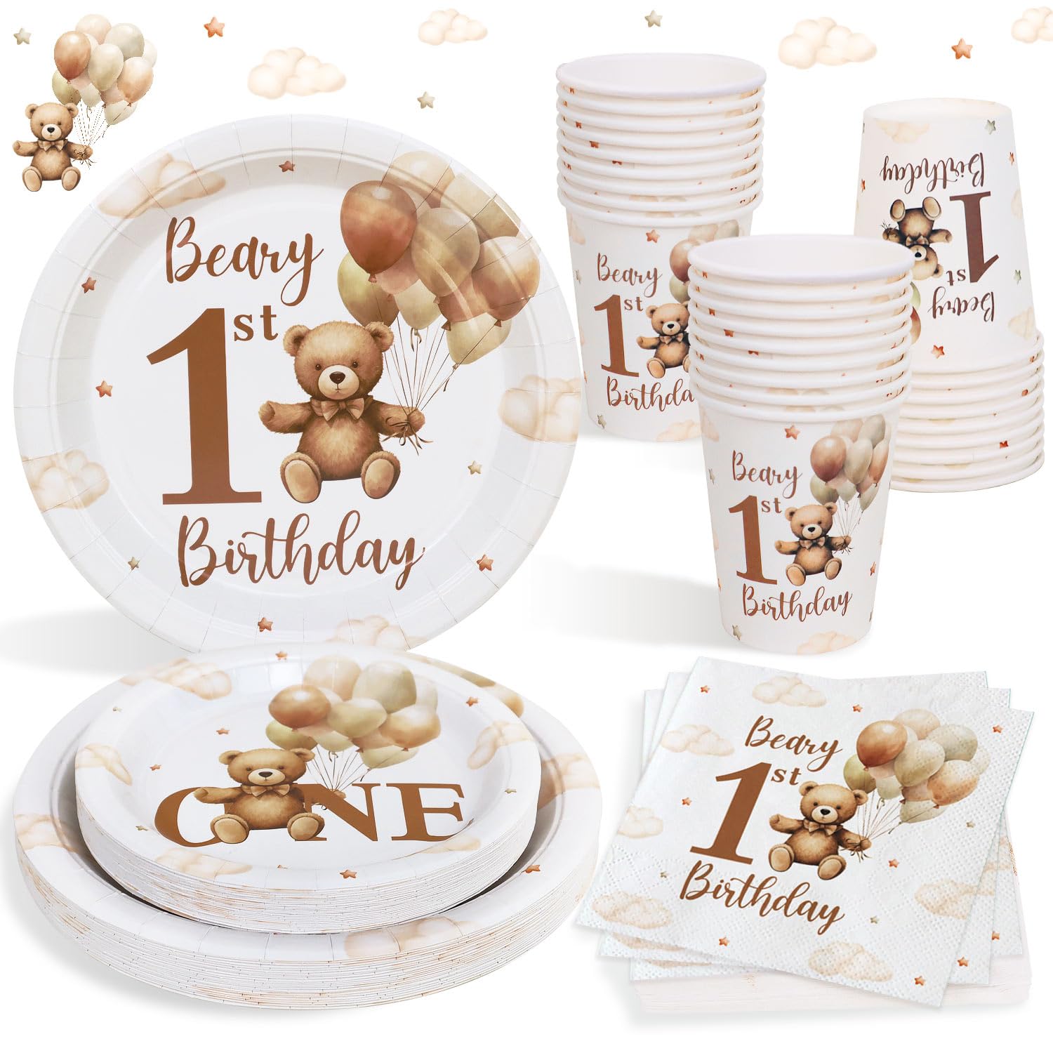 – Heboland Beary First Birthday Decorations Boy Bear 1st Plates for 25 Guests, 1st Birthday Decorations for Boys 100Pcs Teddy Bear Beige Balloon Party Plates Cups and Napkins Baby One Party Decor