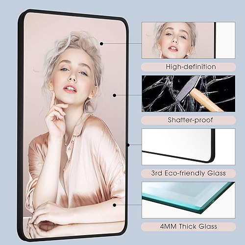 Miniatura 6 de Bonverre Espejo rectangular de baño de 20 x 40 pulgadas con marco de metal negro, espejo rectangular de esquina redondeada para pared, moderno y