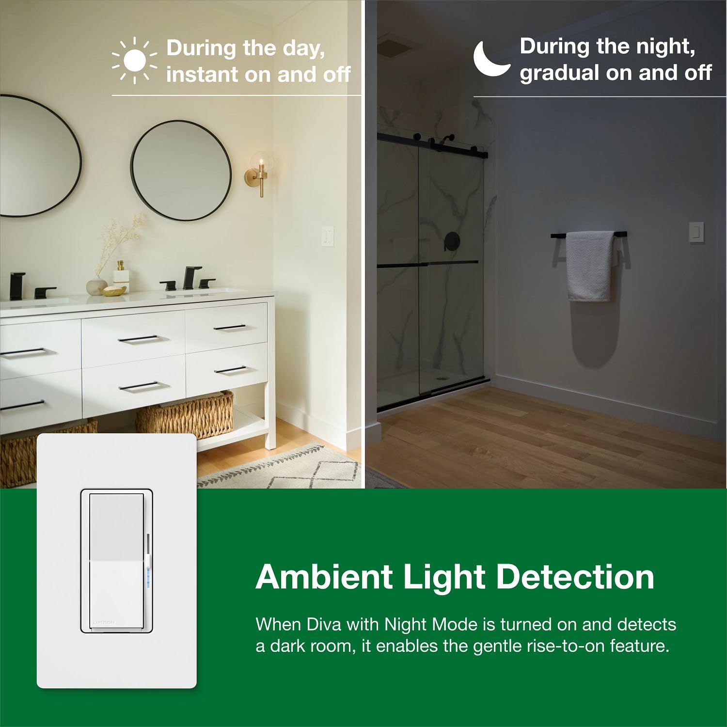Lutron Diva LED+ Regulador de intensidad con modo nocturno para LED | Modo nocturno Diva para baños y pasillos, barra de luz de brillo suave para luz localizadora, no requiere neutro