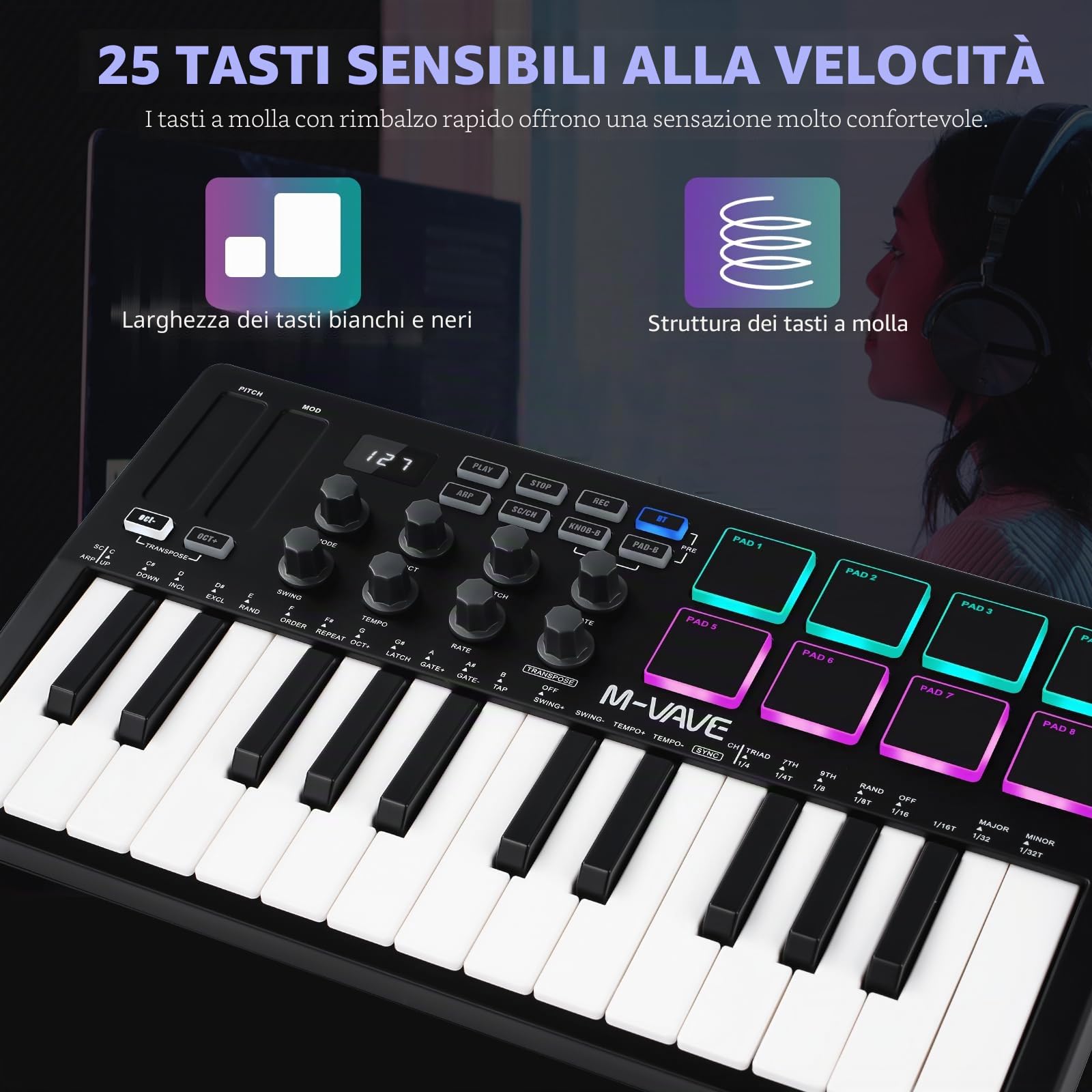 Nikou M-VAVE MIDI Tastiera Controller, USB Mini 25 Tasti dinamici Professionali Tastiera Elettrica Arranger Tastiera con cuscinetti RGB (Nero)