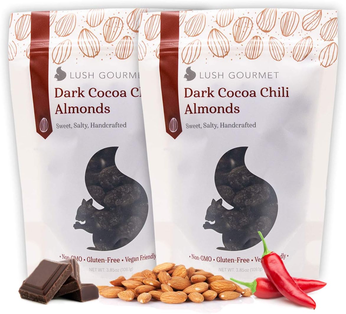 Lush Gourmet Dark Cocoa Chili Almonds - Salted Almonds with Dark Cocoa, Cane Sugar & Chili - Healthy Snacks Free of Cholesterol, Trans-Fats, Soy & Gluten - Vegan Almond Treats - 7.7 oz