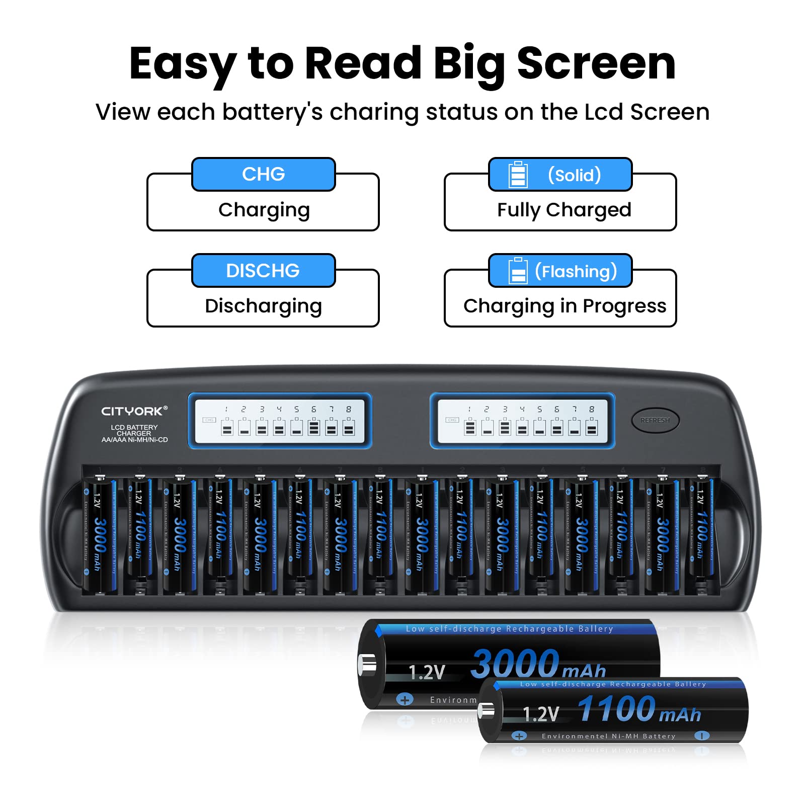 CITYORK Caricabatterie LCD AA AAA a 16 slot con 8 batterie AA da 3000 mAh + 8 batterie ricaricabili NI-MH da 1100 mAh, slot indipendente, funzione di ricarica rapida